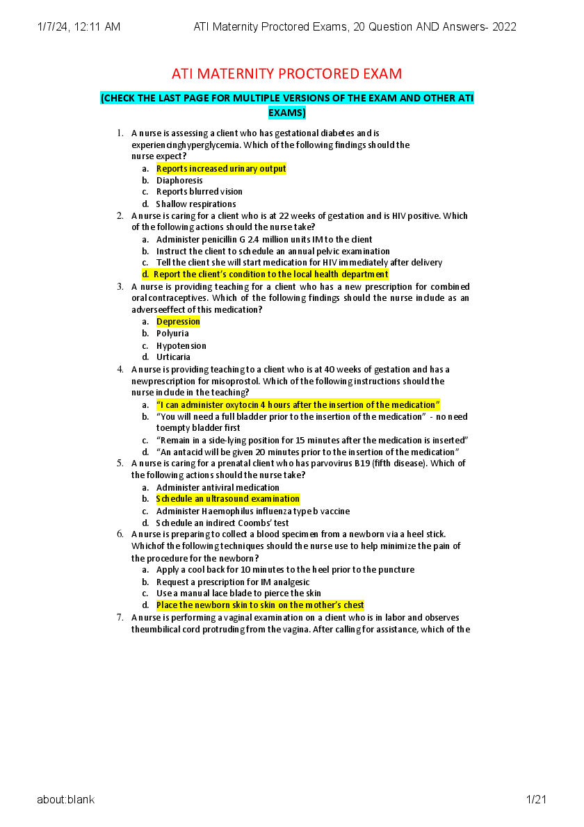 Preview image for ATI Maternity Proctored Exams__20_Question_AND_Answers__2022.pdf