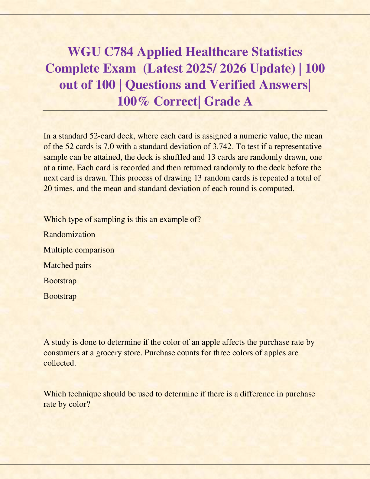 Preview image for WGU C784 Applied Healthcare Statistics  Complete Exam  (Latest 2025/ 2026 Update) | 100  out of 100 | Questions and Verified Answers|  100% Correct| Grade A