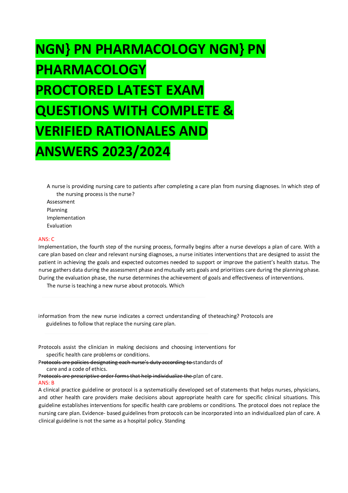 Preview image for NGN} PN PHARMACOLOGY NGN} PN  PHARMACOLOGY   PROCTORED LATEST EXAM   QUESTIONS WITH COMPLETE &   VERIFIED RATIONALES AND   ANSWERS 2023/2024