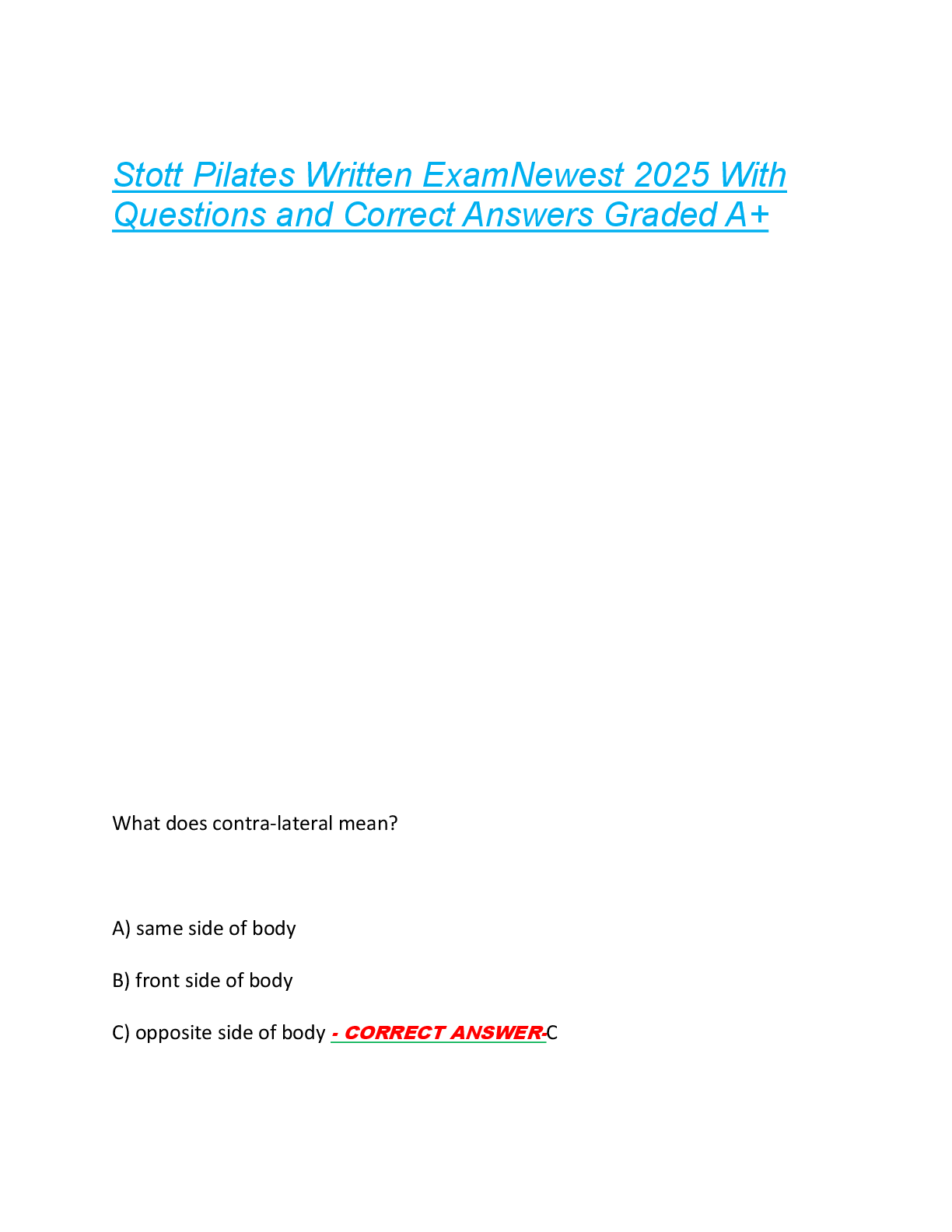 Preview of Stott Pilates Written ExamNewest 2025 With  Questions and Correct Answers Graded A+