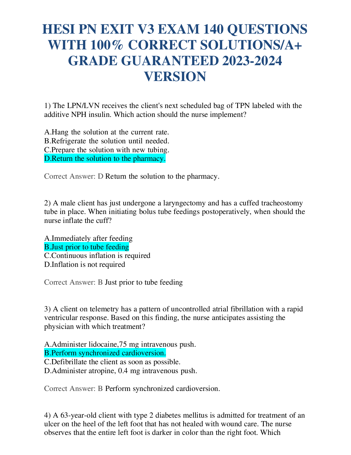 Preview of HESI PN EXIT V3 EXAM 140 QUESTIONS  WITH 100% CORRECT SOLUTIONS/A+  GRADE GUARANTEED 2023-