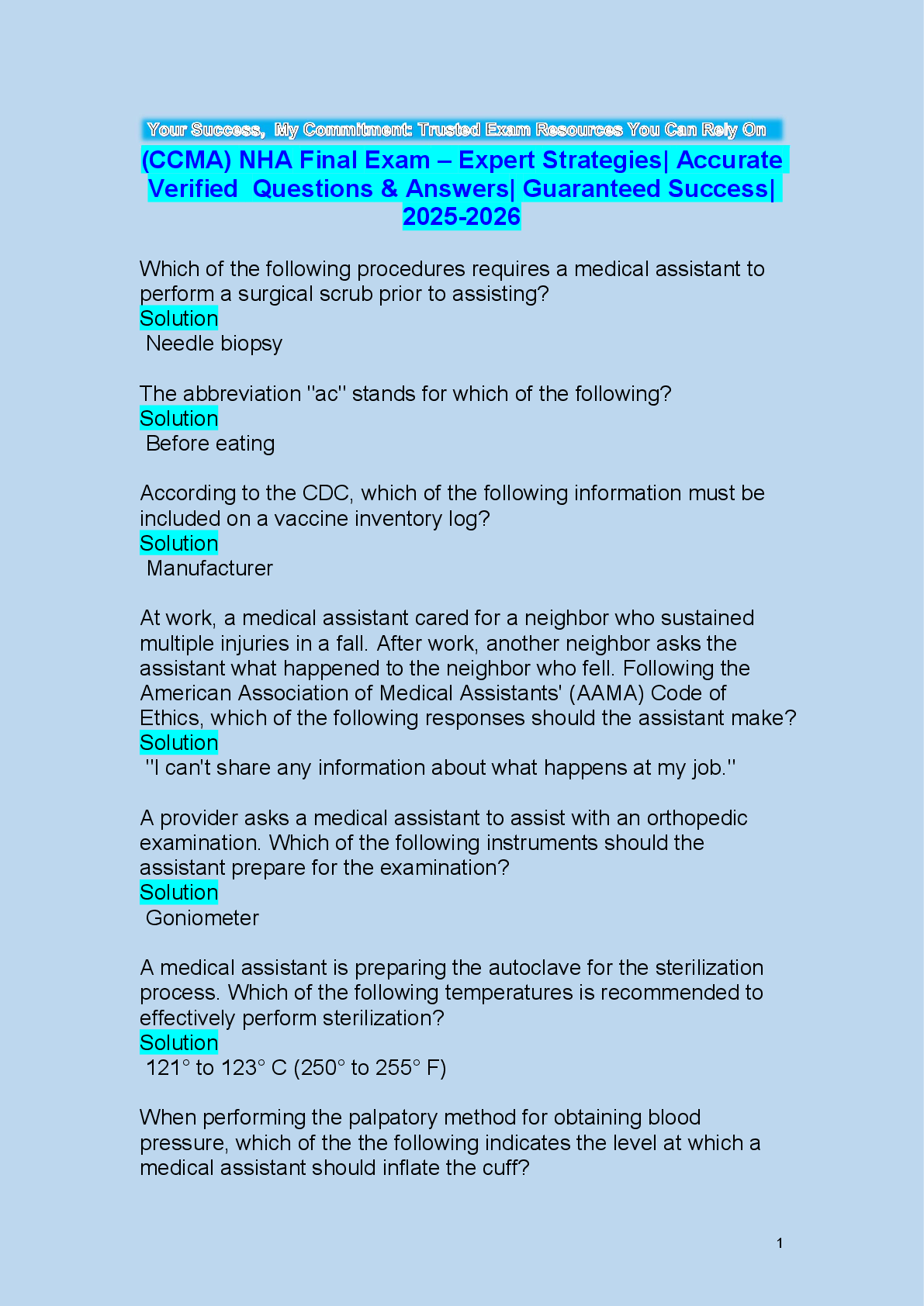 Preview image for (CCMA) NHA Final Exam– Expert Strategies| Accurate  Verified Questions & Answers| Guaranteed Success|  2025-202