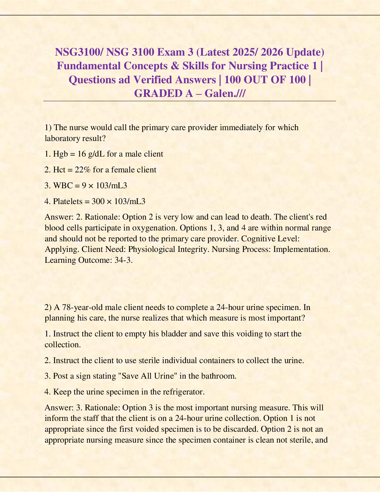 Preview image for NSG3100/ NSG 3100 Exam 3 (Latest 2025/ 2026 Update)  Fundamental Concepts & Skills for Nursing Practice 1 |  Questions ad Verified Answers | 100 OUT OF 100 |  GRADED A – Galen.///