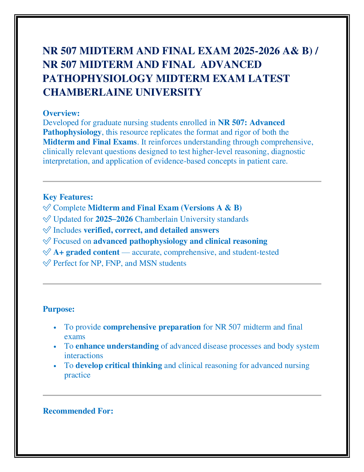 NR 507 MIDTERM AND FINAL EXAM 2025-2026 A& B) /  NR 507 MIDTERM AND FINAL  ADVANCED  PATHOPHYSIOLOGY MIDTERM EXAM LATEST  CHAMBERLAINE UNIVERSITY