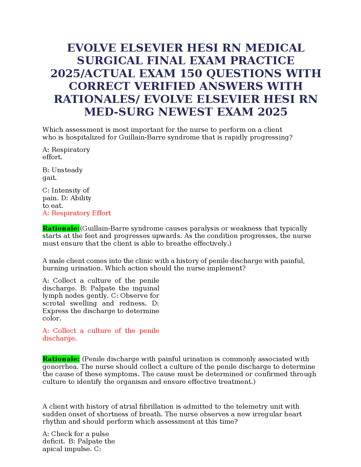 Preview image for EVOLVE ELSEVIER HESI RN MEDICAL  SURGICAL FINAL EXAM PRACTICE  2025/ACTUAL EXAM 150 QUESTIONS WITH  CORRECT VERIFIED ANSWERS WITH  RATIONALES/ EVOLVE ELSEVIER HESI RN  MED-SURG NEWEST EXAM 2025