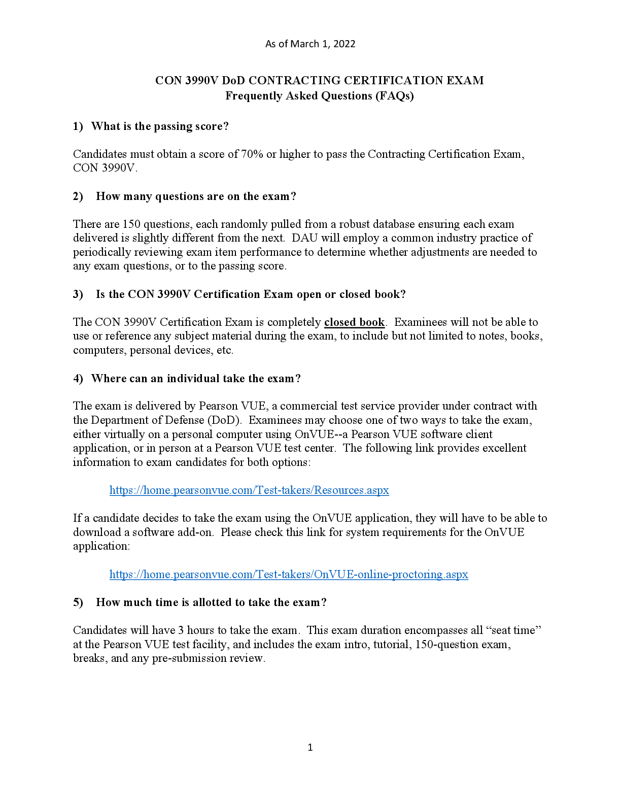CON 3990V DoD CONTRACTING CERTIFICATION EXAM  Frequently Asked Questions (FAQs)