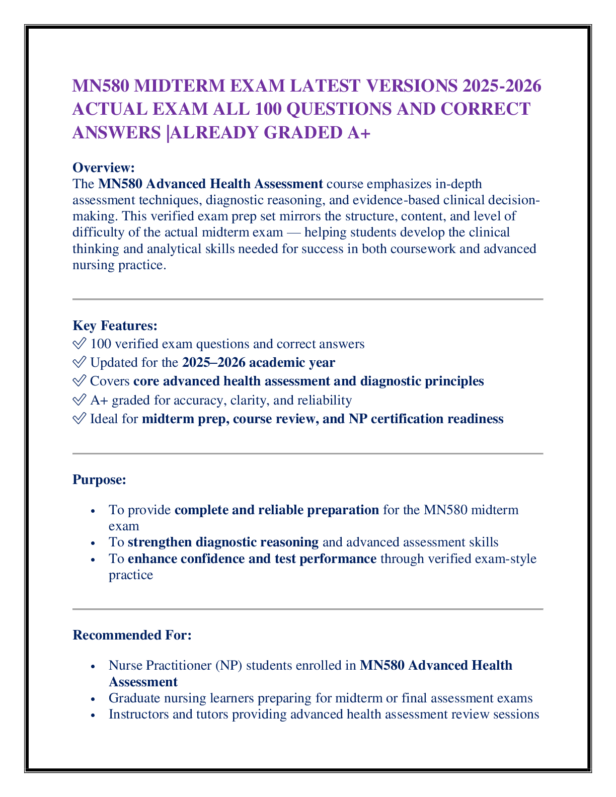 MN580 MIDTERM EXAM LATEST VERSIONS 2025-2026  ACTUAL EXAM ALL 100 QUESTIONS AND CORRECT  ANSWERS |ALREADY GRADED A+