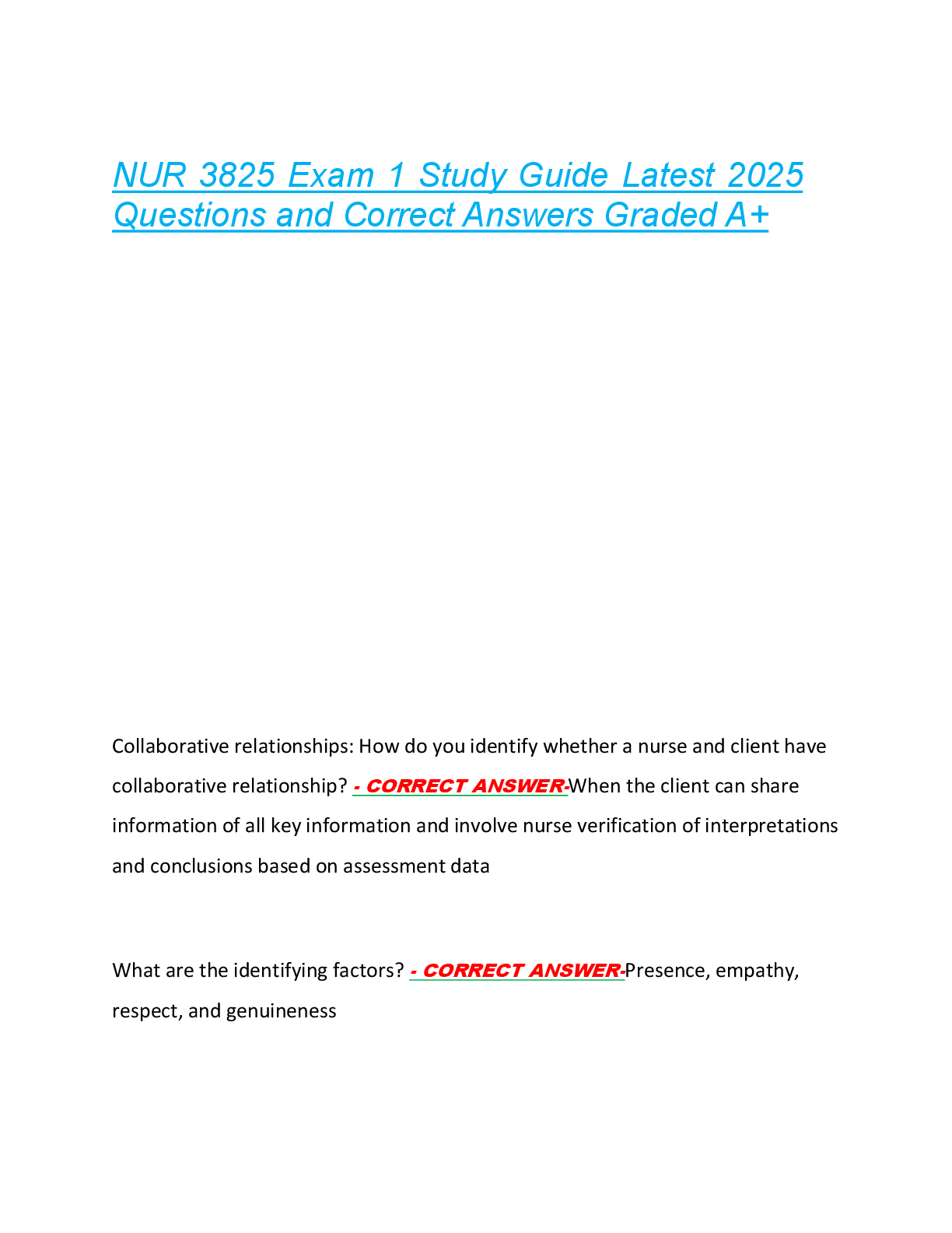 Preview of NUR 3825 Exam 1 Study Guide Latest 2025  Questions and Correct Answers Graded A+