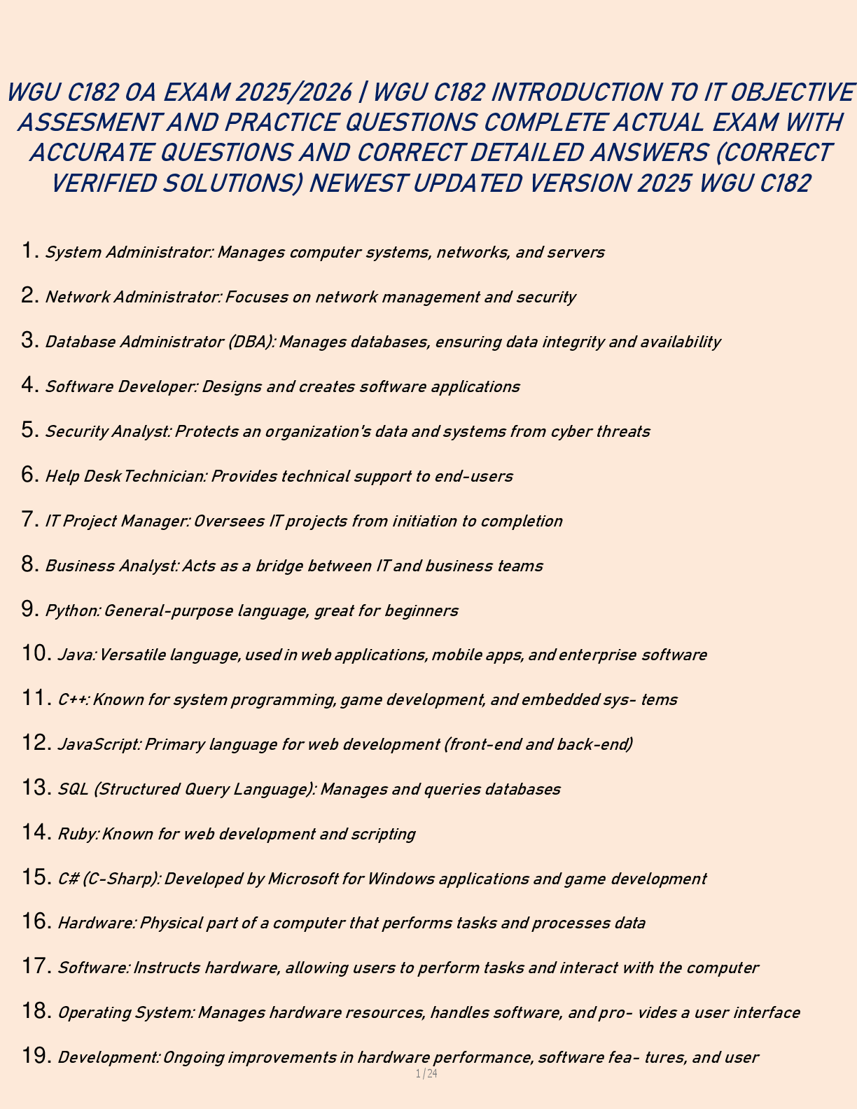 Preview image for WGU C182 OA EXAM 2025/2026 | WGU C182 INTRODUCTION TO IT OBJECTIVE  ASSESMENT AND PRACTICE QUESTIONS COMPLETE ACTUAL EXAM WITH  ACCURATE QUESTIONS AND CORRECT DETAILED ANSWERS (CORRECT  VERIFIED SOLUTIONS) NEWEST UPDATED VERSION 2025 WGU C182