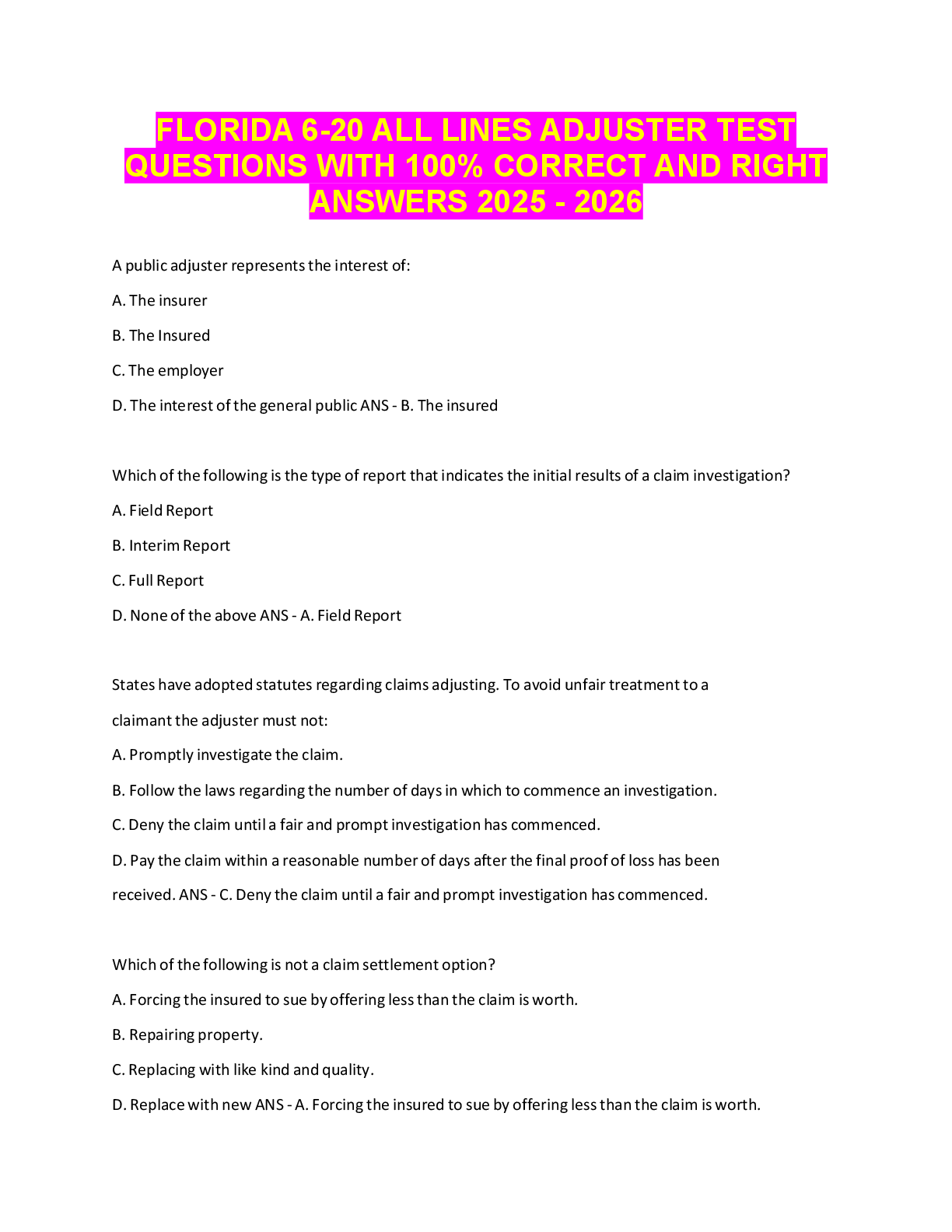 Preview of FLORIDA 6-20 ALL LINES ADJUSTER TEST  QUESTIONS WITH 100% CORRECT AND RIGHT  ANSWERS 2025 - 2026
