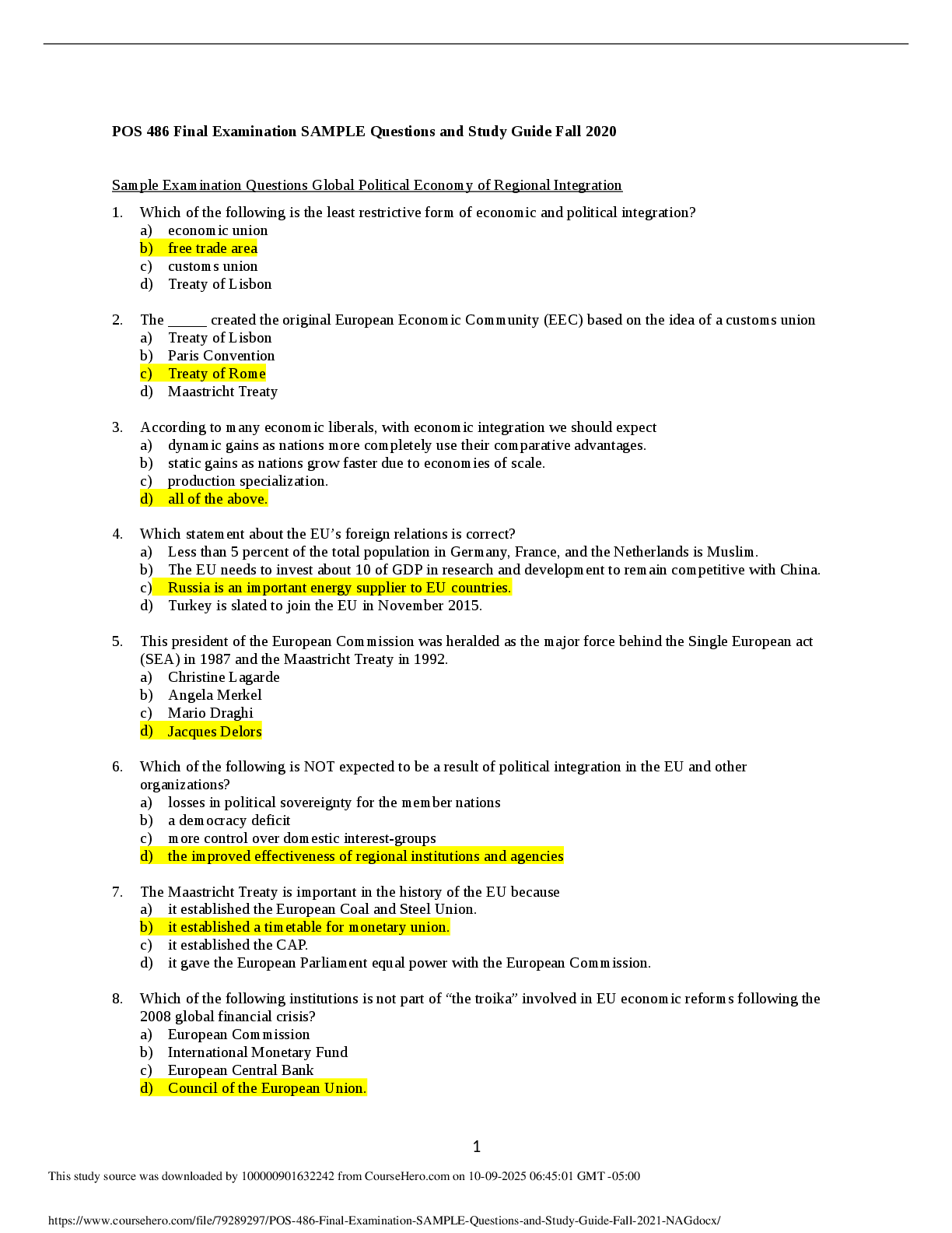Preview of POS 486 Final Examination SAMPLE Questions and Study Guide Fall 2020