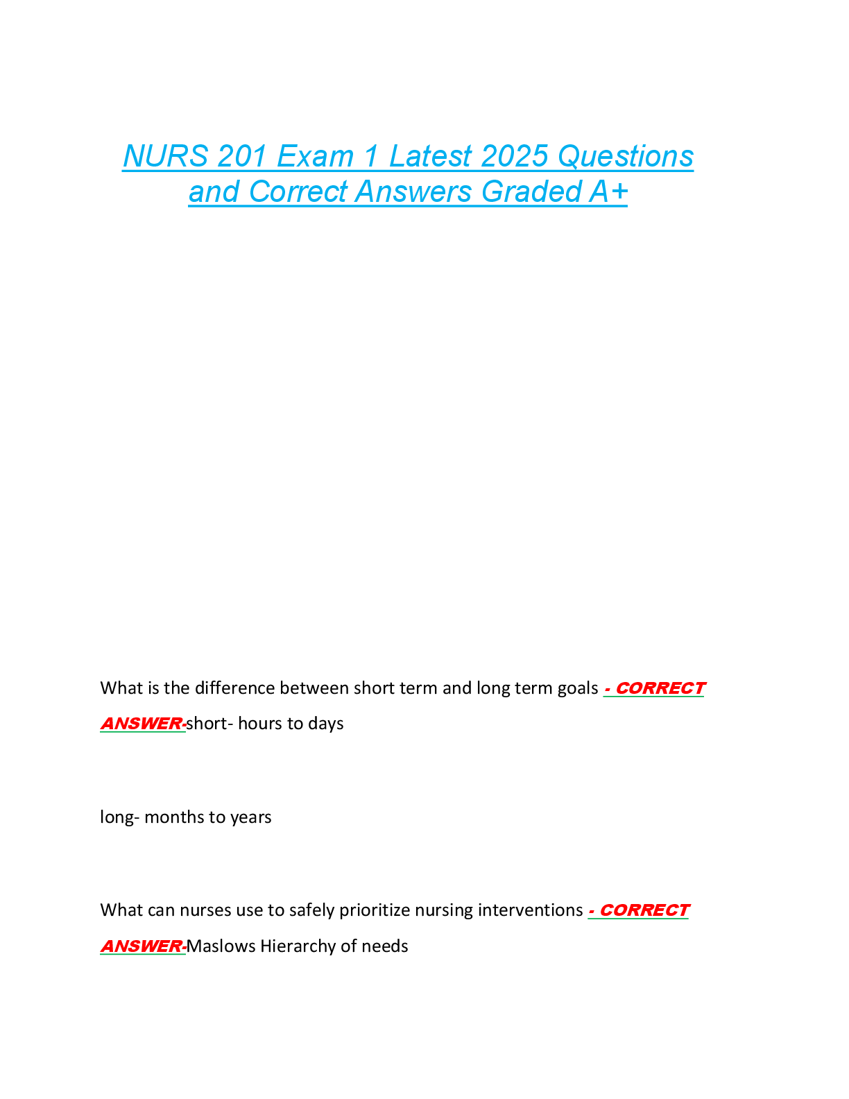 NURS 201 Exam 1 Latest 2025 Questions  and Correct Answers Graded A+