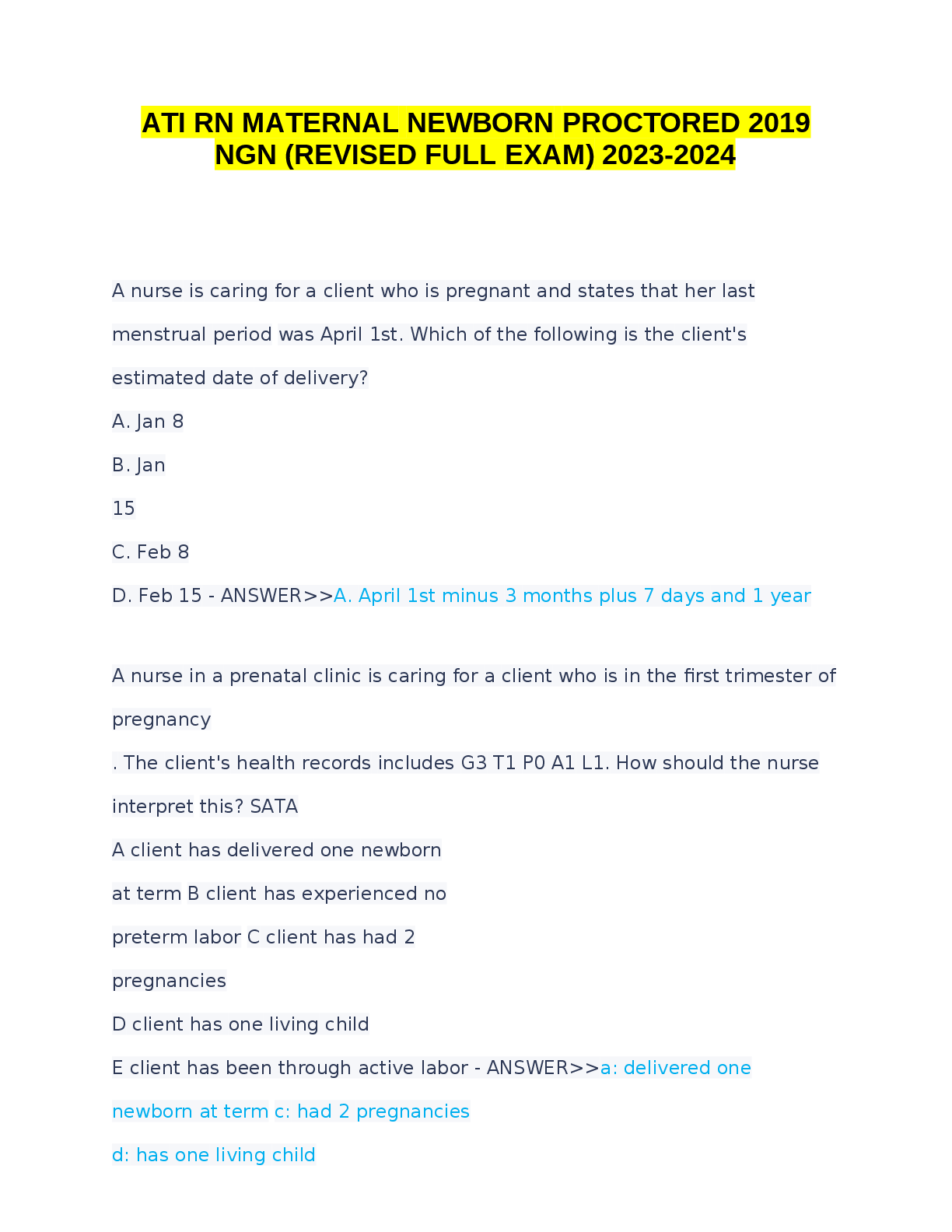 Preview image for 2023 2024 ATI RN_MATERNAL_NEWBORN_PROCTORED_2019_NGN__REVISED_FULL_EXAM__A_GRADED_LATEST_UPDATE.pdf_