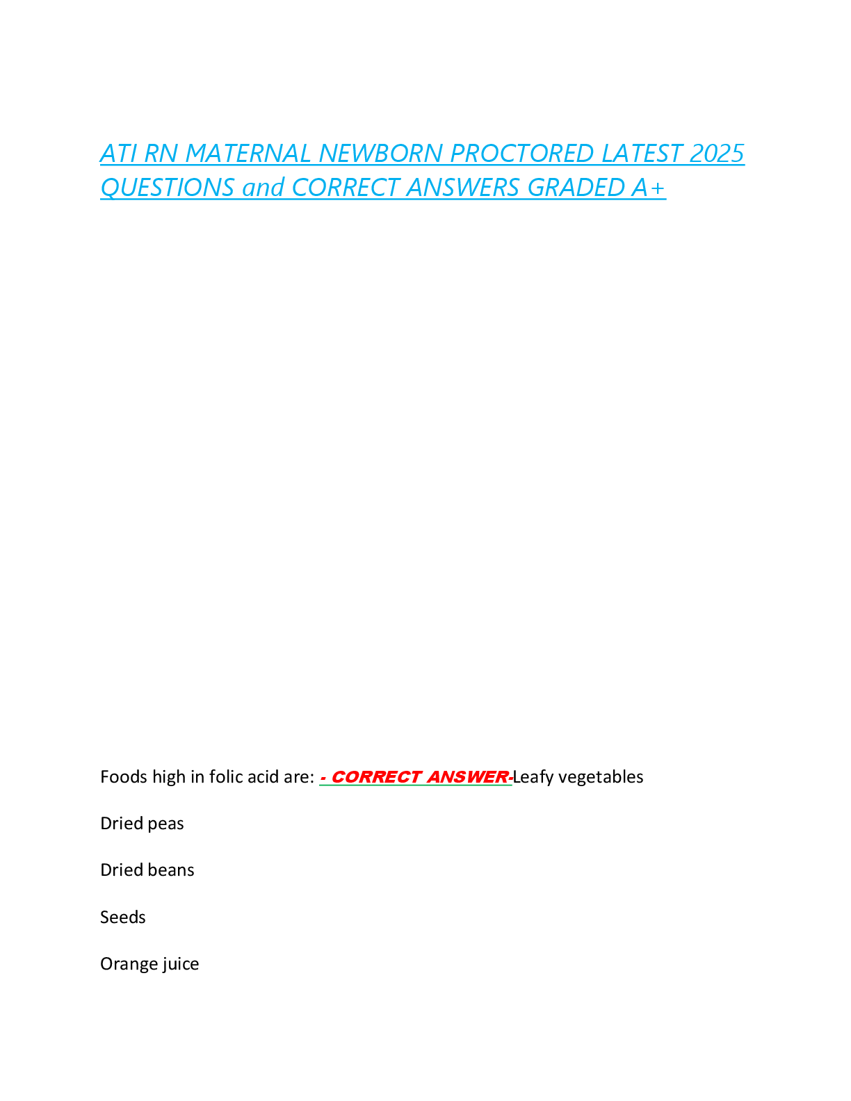 ATI RN MATERNAL NEWBORN PROCTORED LATEST 2025  QUESTIONS and CORRECT ANSWERS GRADED A+