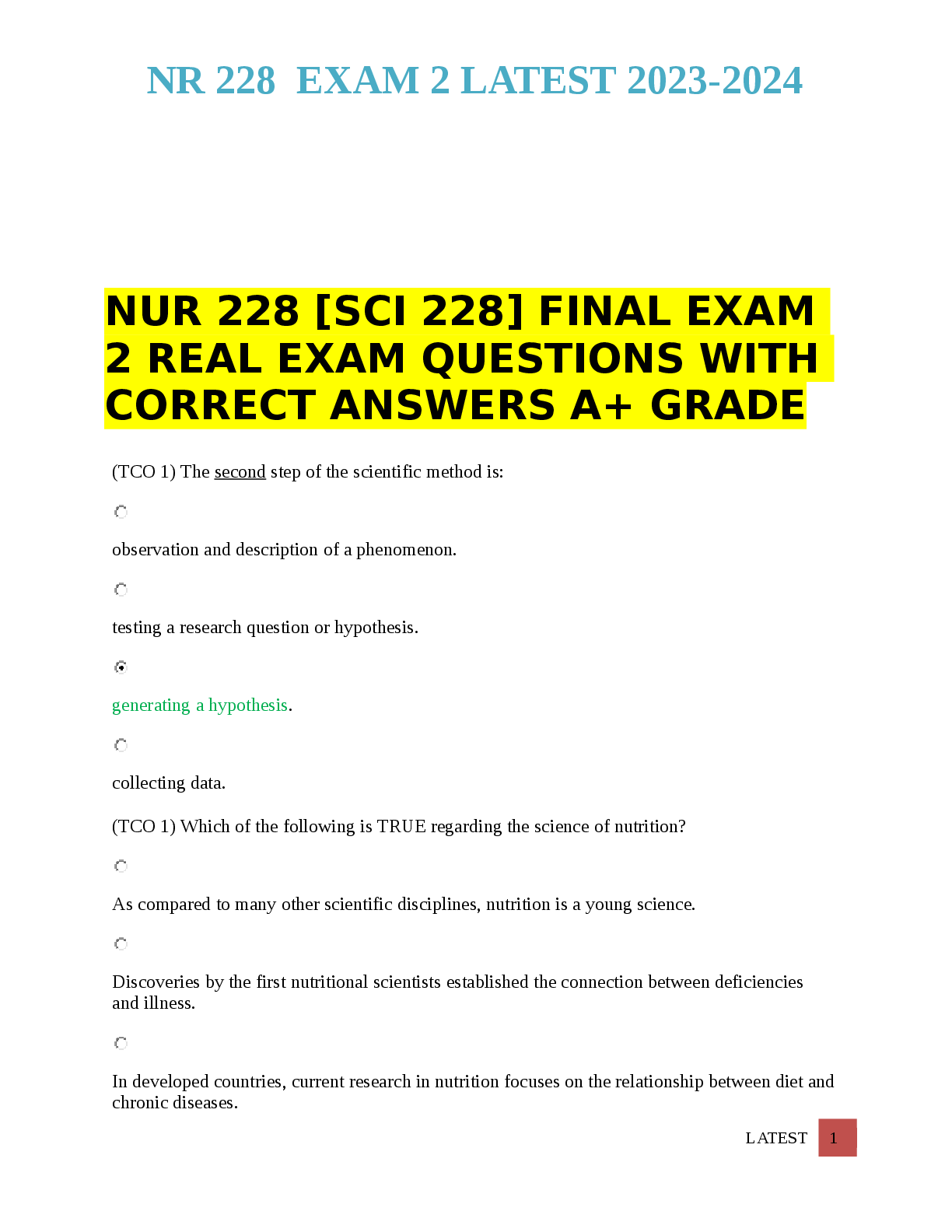 Preview of NUR 228 [SCI 228] FINAL EXAM  2 REAL EXAM QUESTIONS WITH  CORRECT ANSWERS A+ GRADE