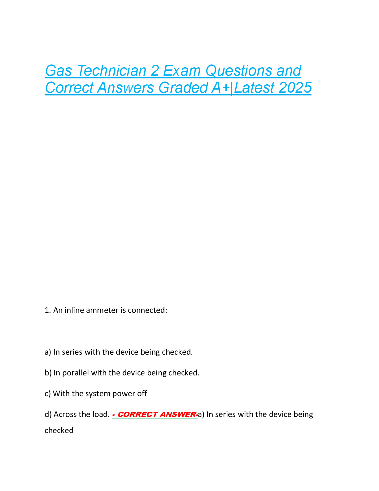 Preview image for Gas Technician 2 Exam Questions and  Correct Answers Graded A+|Latest 2025