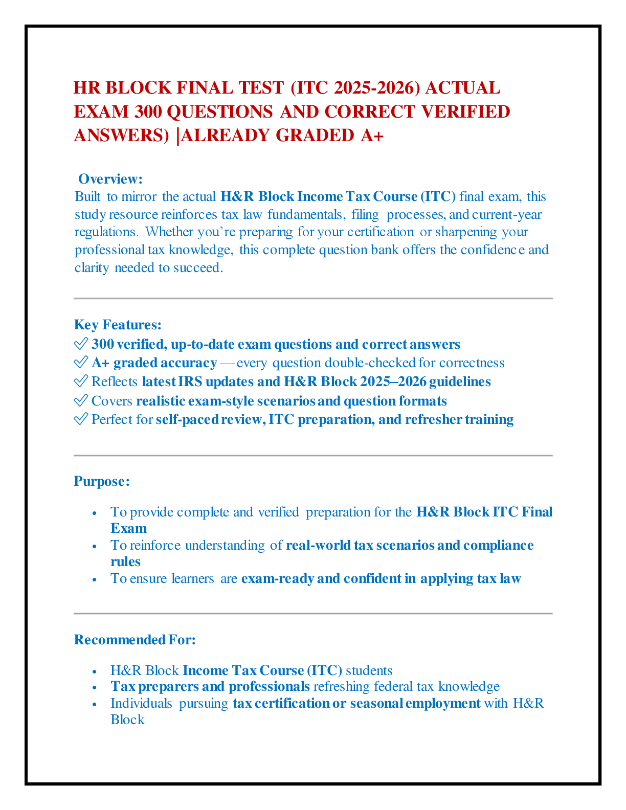 Preview of HR BLOCK FINAL TEST (ITC 2025-2026) ACTUAL EXAM 300 QUESTIONS AND CORRECT VERIFIED ANSWERS
