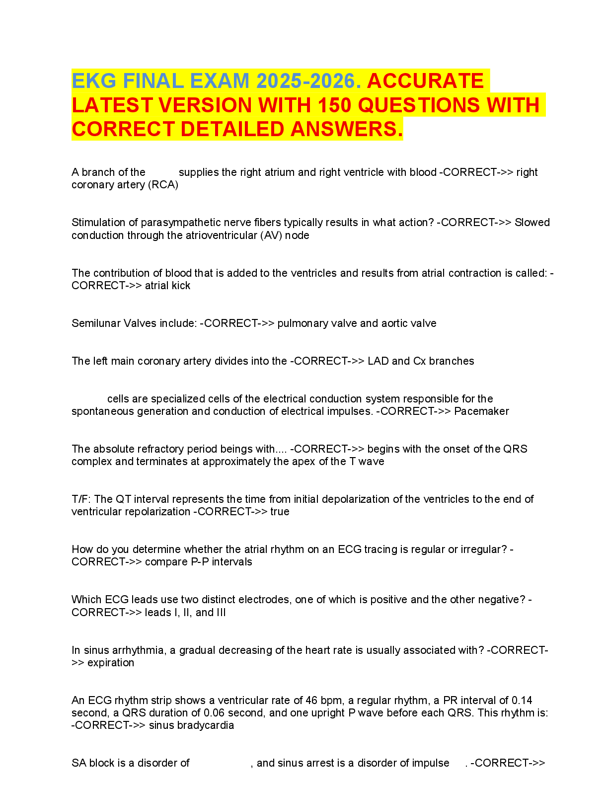 Preview of EKG FINAL EXAM 2025-2026. ACCURATE  LATEST VERSION WITH 150 QUESTIONS WITH  CORRECT DETAIL