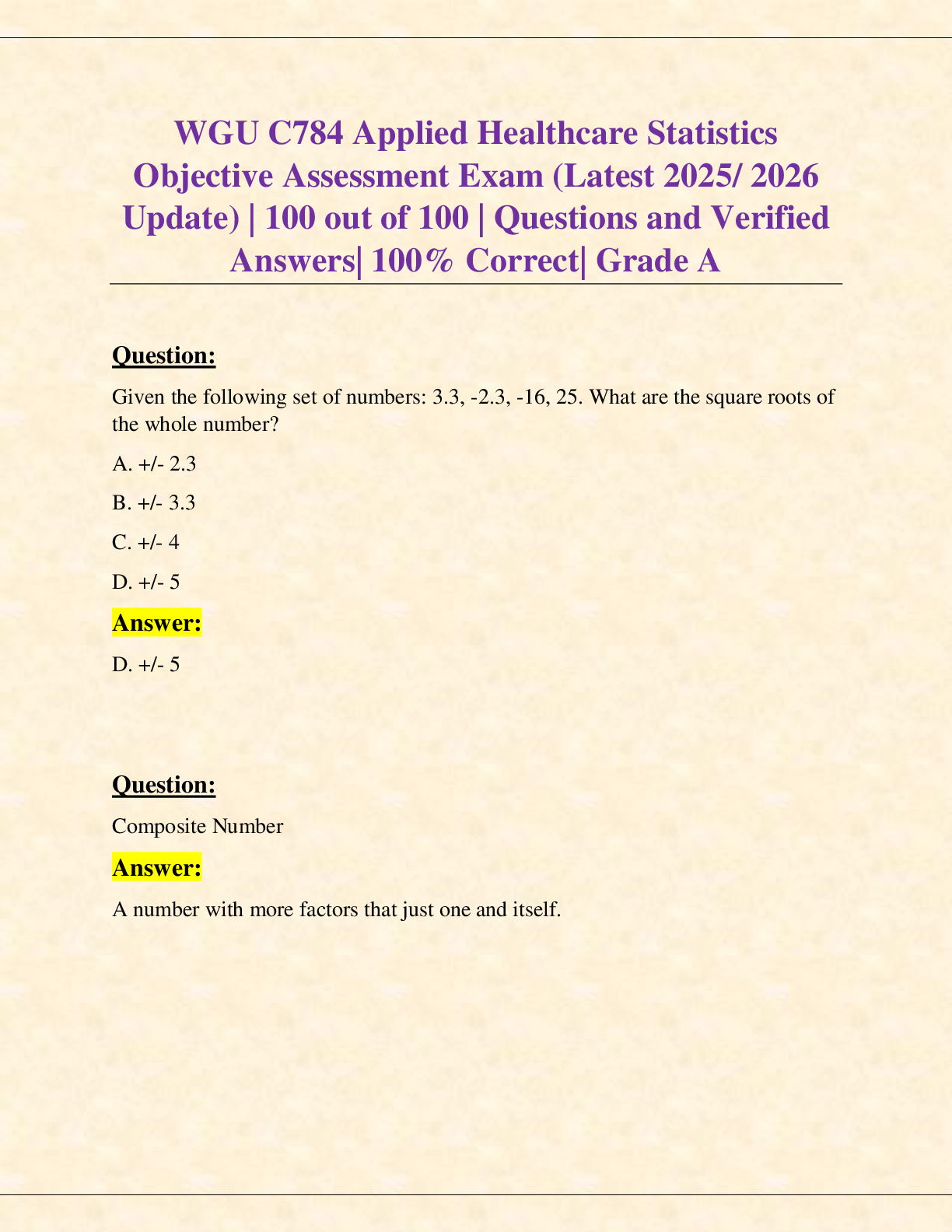 Preview image for WGU C784 Applied Healthcare Statistics  Objective Assessment Exam (Latest 2025/ 2026  Update) | 100 out of 100 | Questions and Verified  Answers| 100% Correct| Grade A