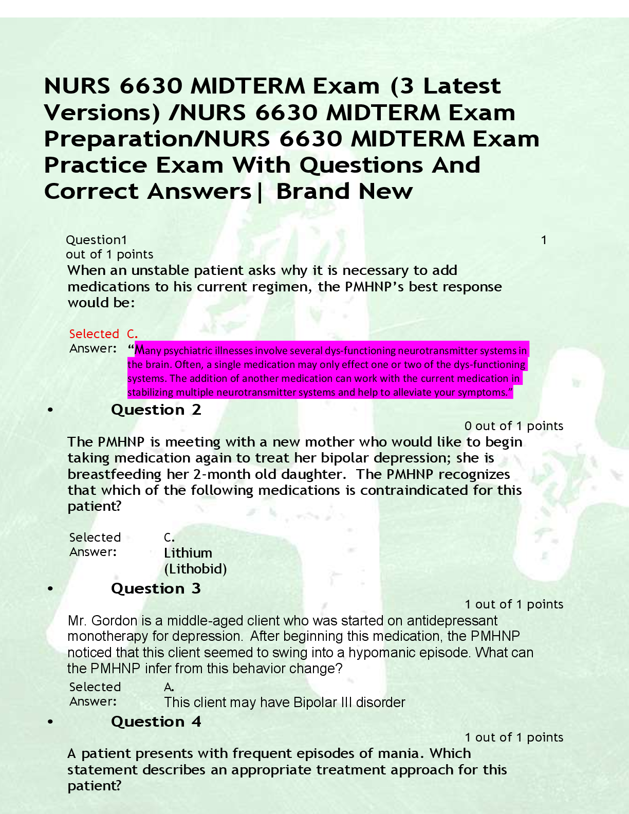 Preview of NURS 6630 MIDTERM Exam (3 Latest  Versions) /NURS 6630 MIDTERM Exam  Preparation/NURS 6630 MIDTERM Exam  Practice Exam With Questions And  Correct Answers| Brand New