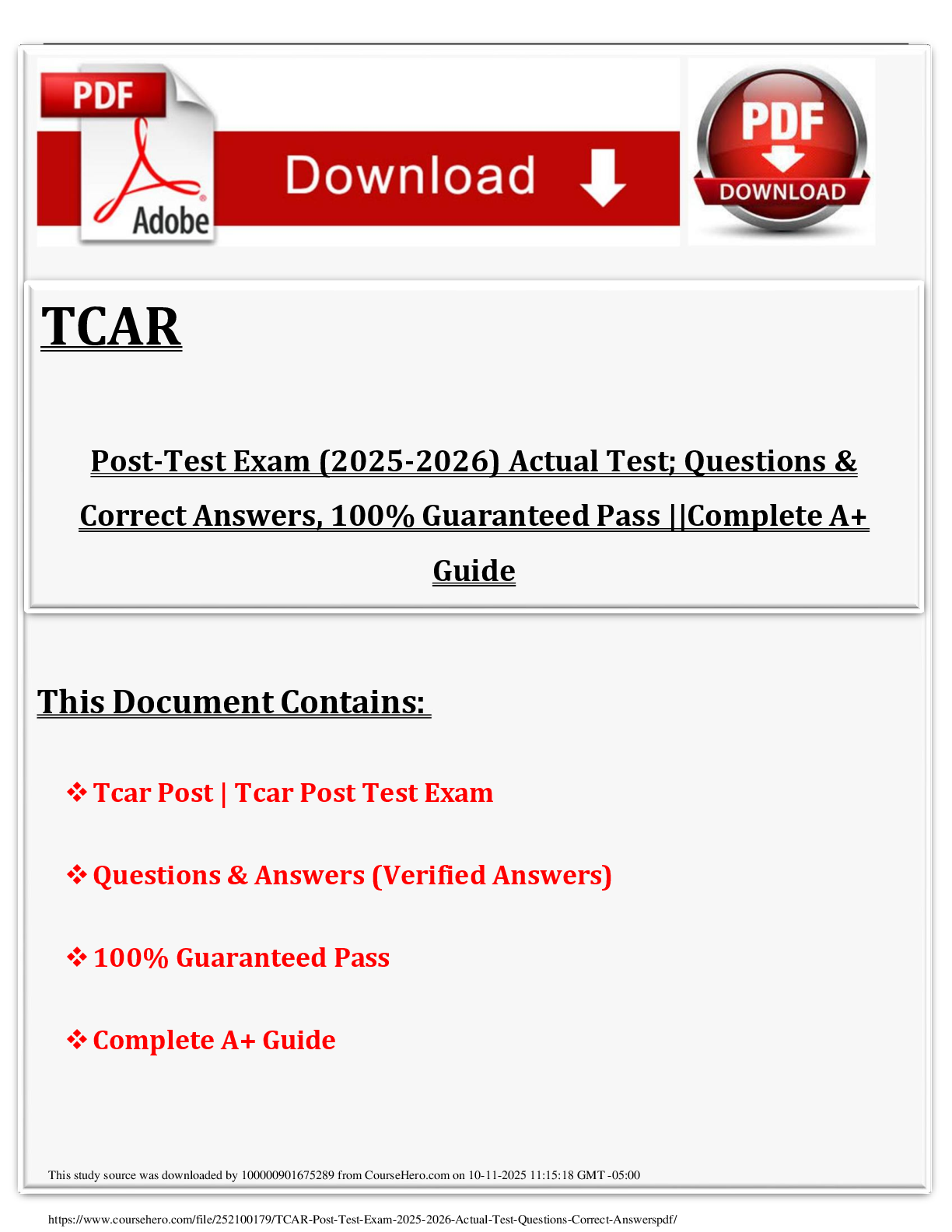 Preview of TCAR Post-Test Exam (2025-2026) Actual Test;  Questions &amp; Correct Answers, 100% Guaranteed  Pass ||Complete A+ Guide