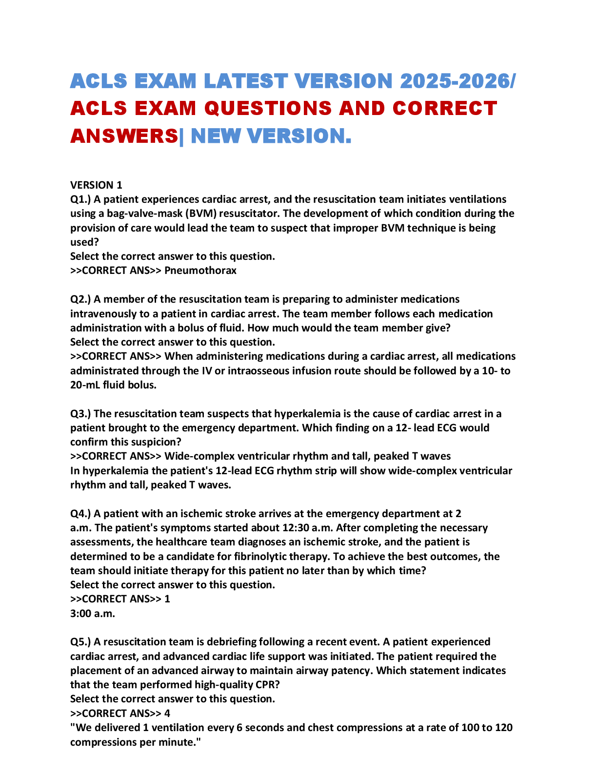 Preview of ACLS EXAM LATEST VERSION 2025-2026/  ACLS EXAM QUESTIONS AND CORRECT  ANSWERS| NEW VERSION.