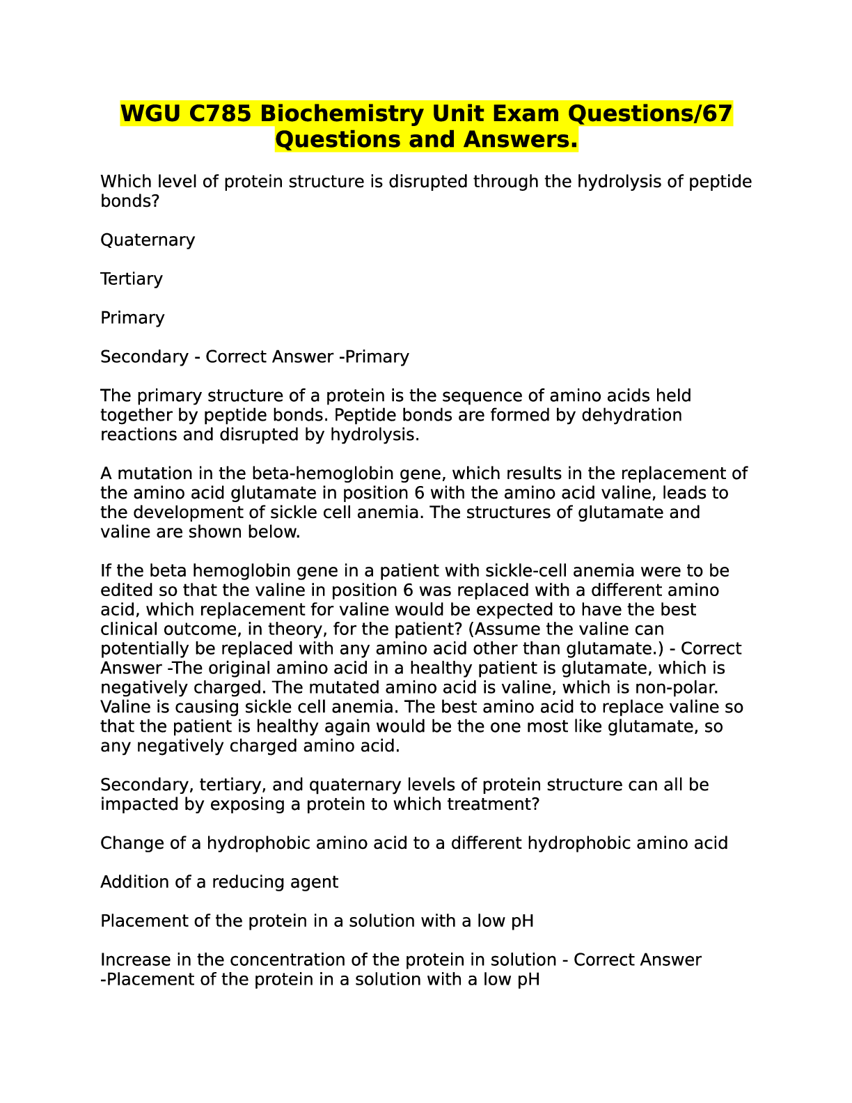 Preview image for WGU C785 Biochemistry Unit Exam Questions67 Questions and Answers.