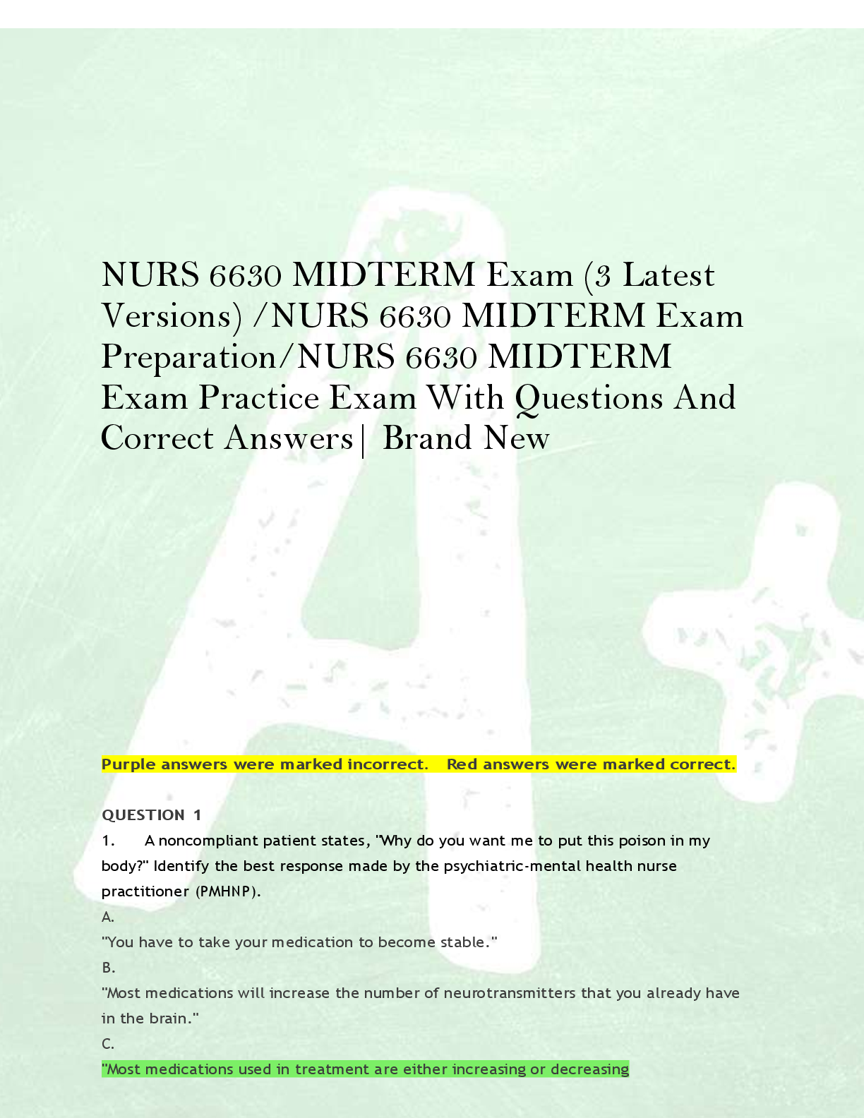 Preview of NURS 6630 MIDTERM Exam (3 Latest  Versions) /NURS 6630 MIDTERM Exam  Preparation/NURS 6630 MIDTERM  Exam Practice Exam With Questions And  Correct Answers| Brand New