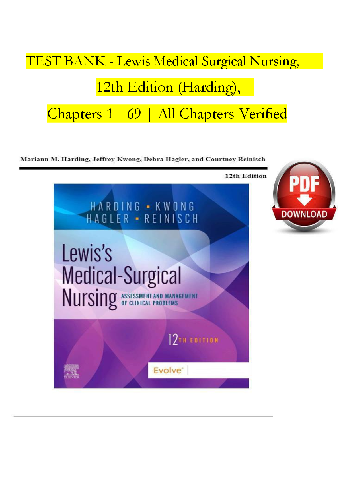 Preview image for TEST BANK - Lewis Medical Surgical Nursing,    12th Edition (Harding),    Chapters 1 - 69 | All Chapters Verified