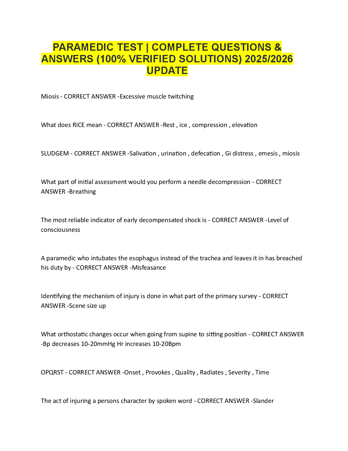 Preview image for PARAMEDIC TEST | COMPLETE QUESTIONS &  ANSWERS (100% VERIFIED SOLUTIONS) 2025/2026  UPDATE