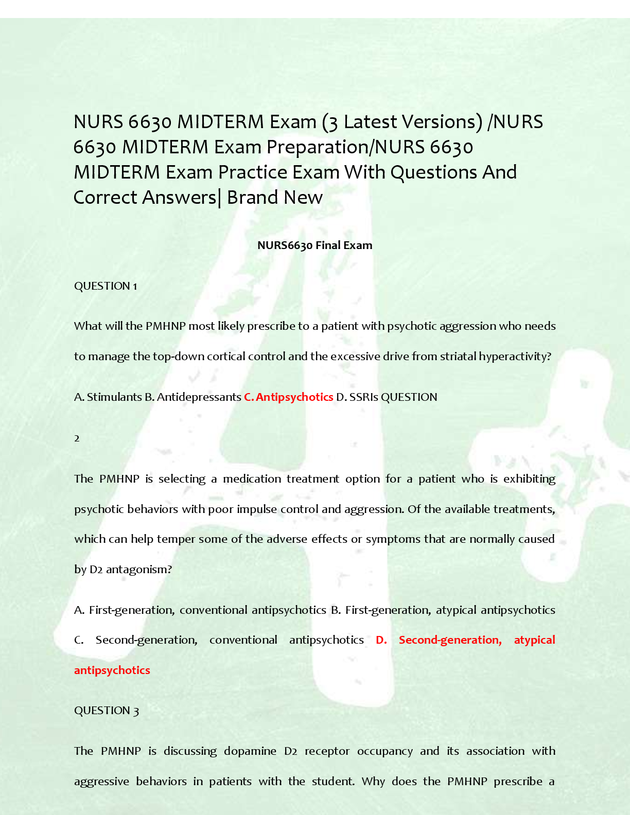 Preview of NURS 6630 MIDTERM Exam (3 Latest Versions) /NURS  6630 MIDTERM Exam Preparation/NURS 6630  MIDTERM Exam Practice Exam With Questions And  Correct Answers| Brand New  NURS6630 Final Exam