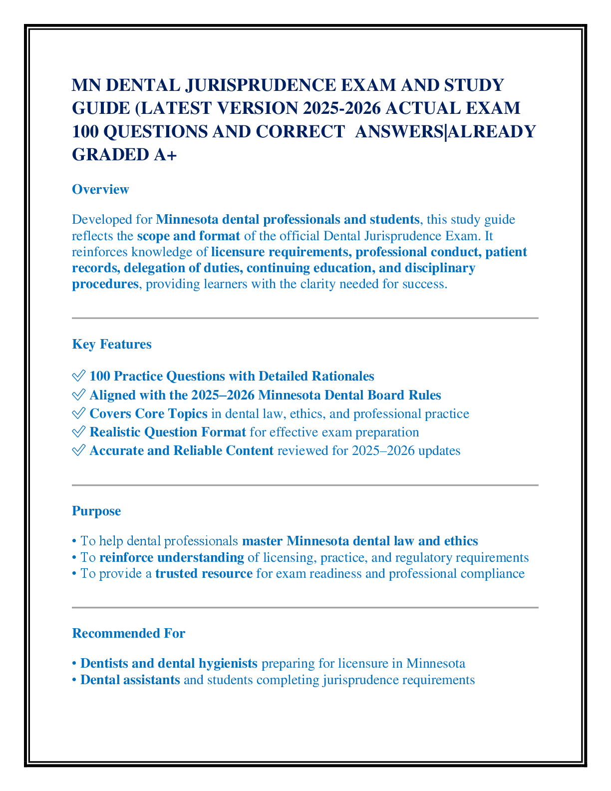 Preview of MN DENTAL JURISPRUDENCE EXAM AND STUDY GUIDE (LATEST VERSION 2025-2026 ACTUAL EXAM 100 QUESTIONS AND CORRECT  ANSWERS|ALREADY GRADED A+