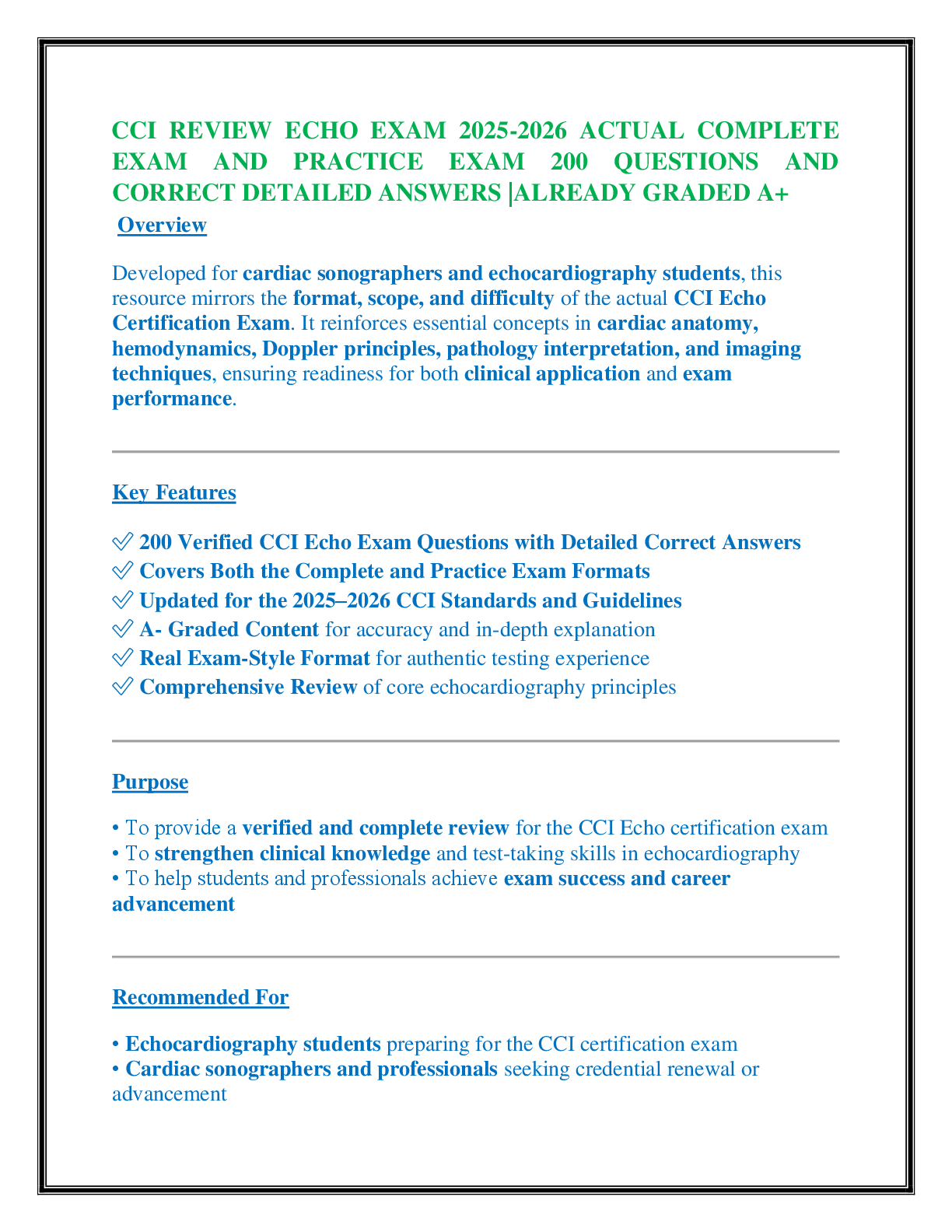 CCI REVIEW ECHO EXAM 2025-2026 ACTUAL COMPLETE EXAM AND PRACTICE EXAM 200 QUESTIONS AND CORRECT DETAILED ANSWERS |ALREADY GRADED A+