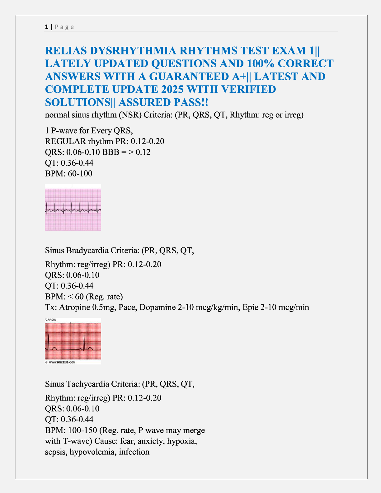 Preview image for RELIAS Dysrhythmia Rhythms Test Exam 1  Recently Updated Questions with 100% Correct Answers Guaranteed for an A+  Latest Complete 2025 Update with Verified Solutions  Guaranteed Pass!!.