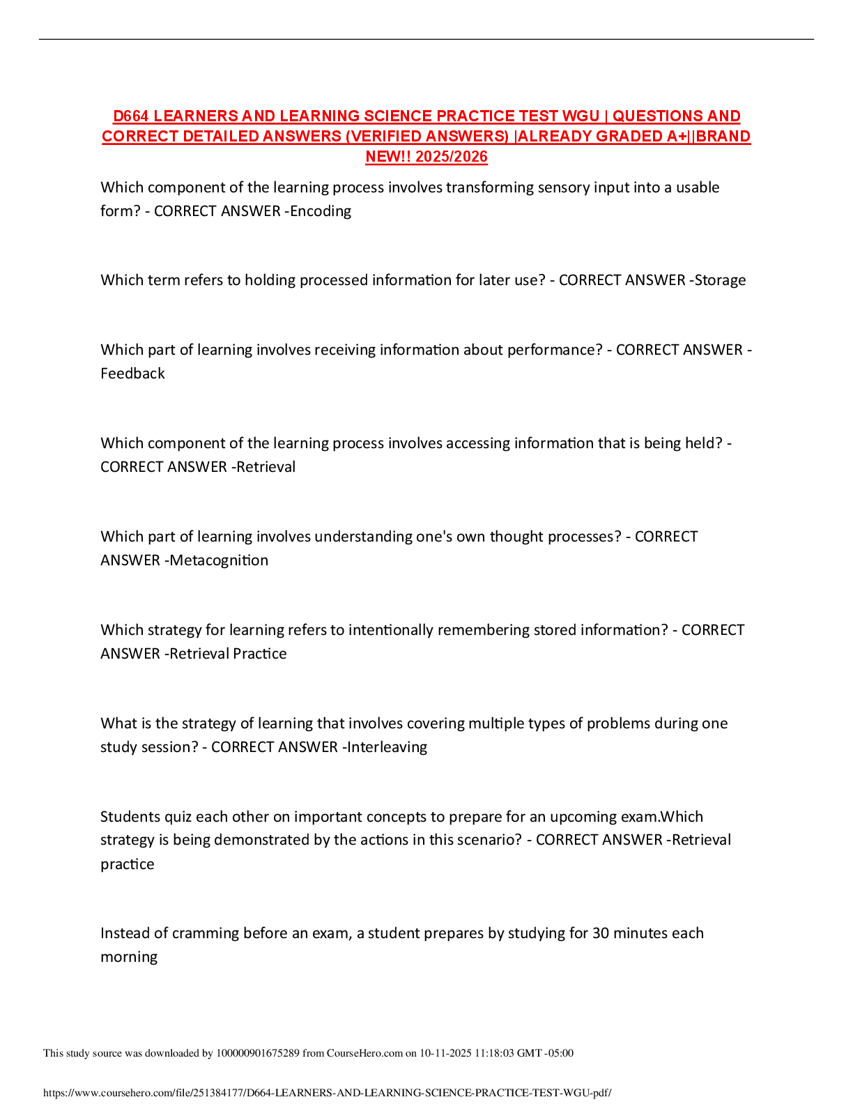 Preview image for D664 LEARNERS AND LEARNING SCIENCE PRACTICE TEST WGU | QUESTIONS AND  CORRECT DETAILED ANSWERS (VERIFIED ANSWERS) |ALREADY GRADED A+||BRAND  NEW!! 2025/2026