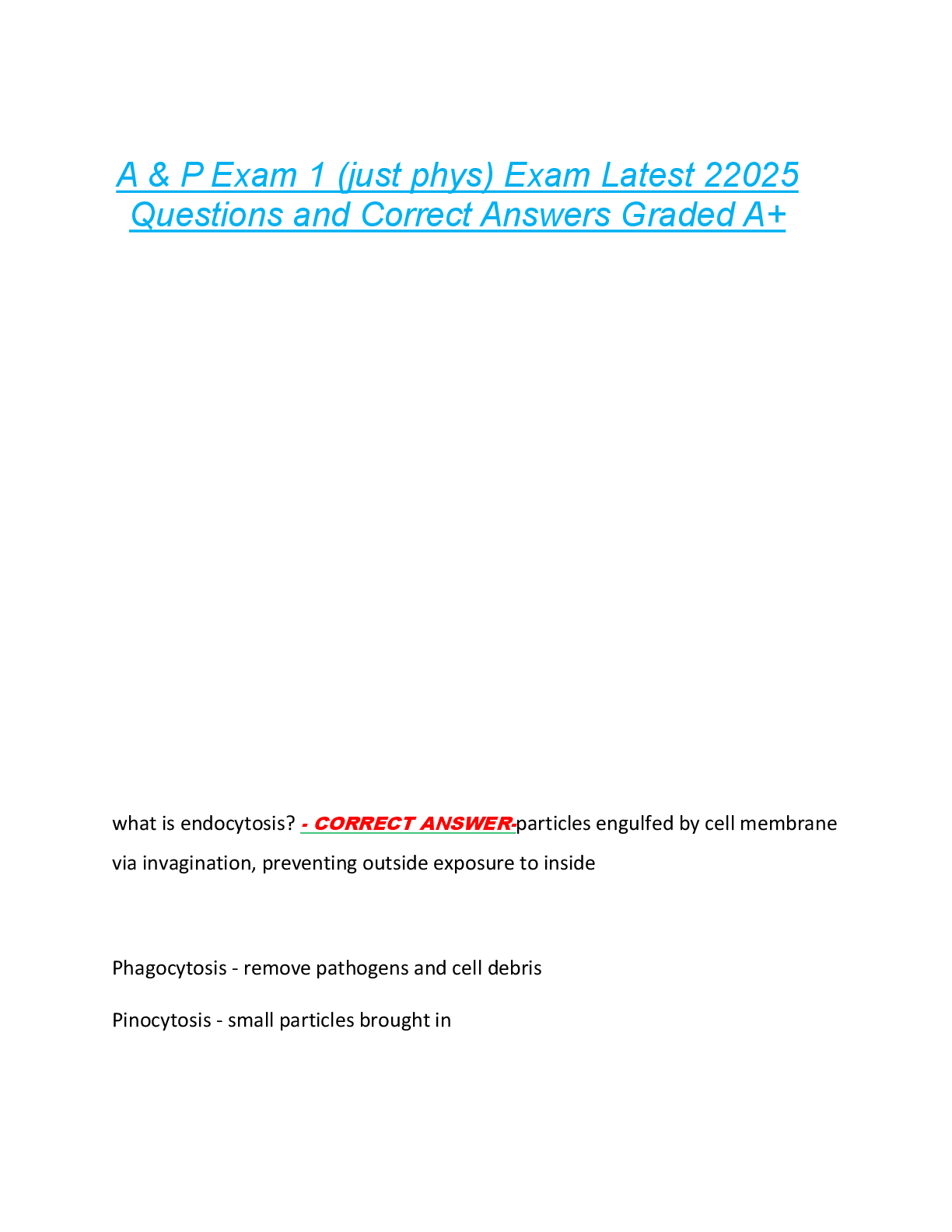 Preview of A & P Exam 1 (just phys) Exam Latest 22025  Questions and Correct Answers Graded A+
