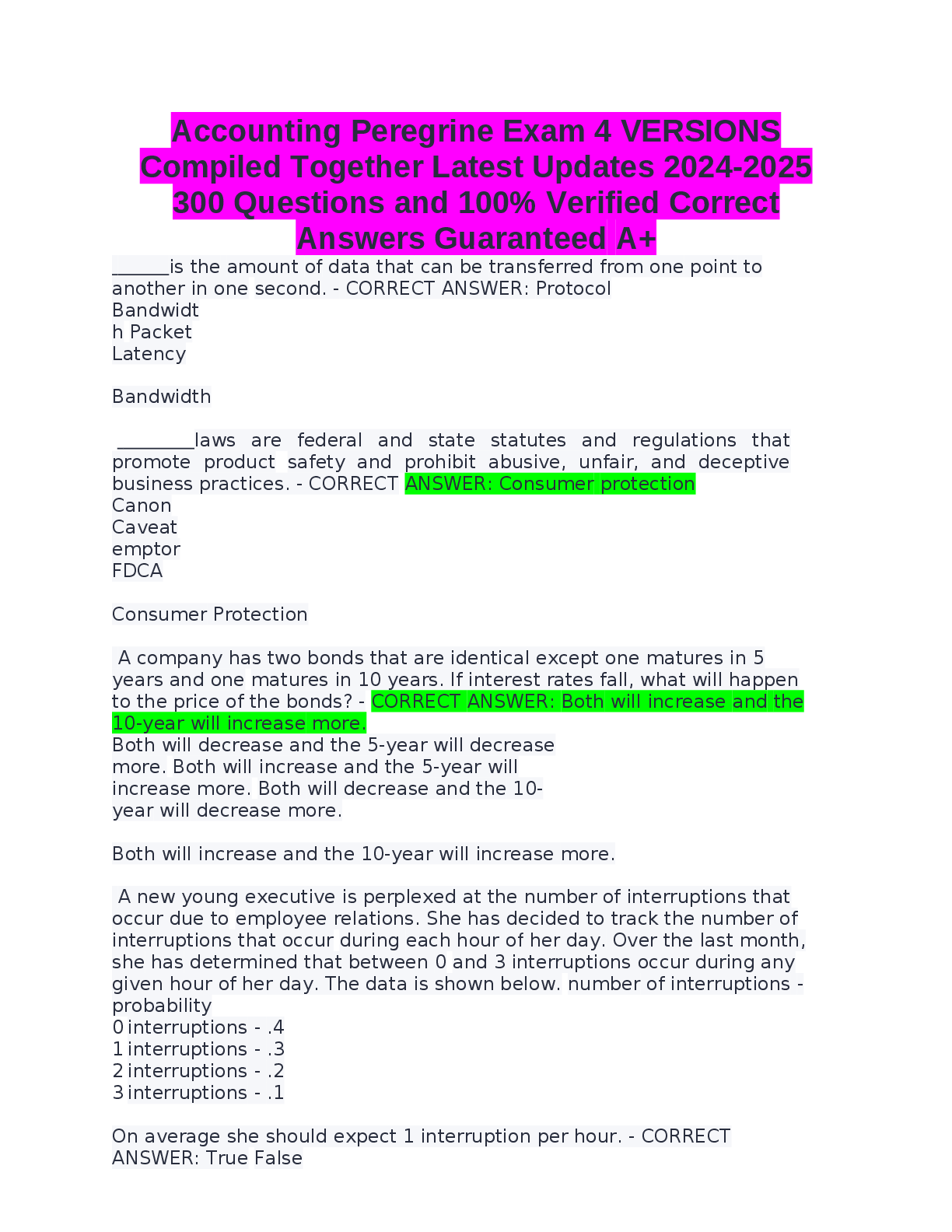 Preview image for Accounting Peregrine Exam 4 VERSIONS  Compiled Together Latest Updates 2024-2025  300 Questions and 100% Verified Correct  Answers Guaranteed A+