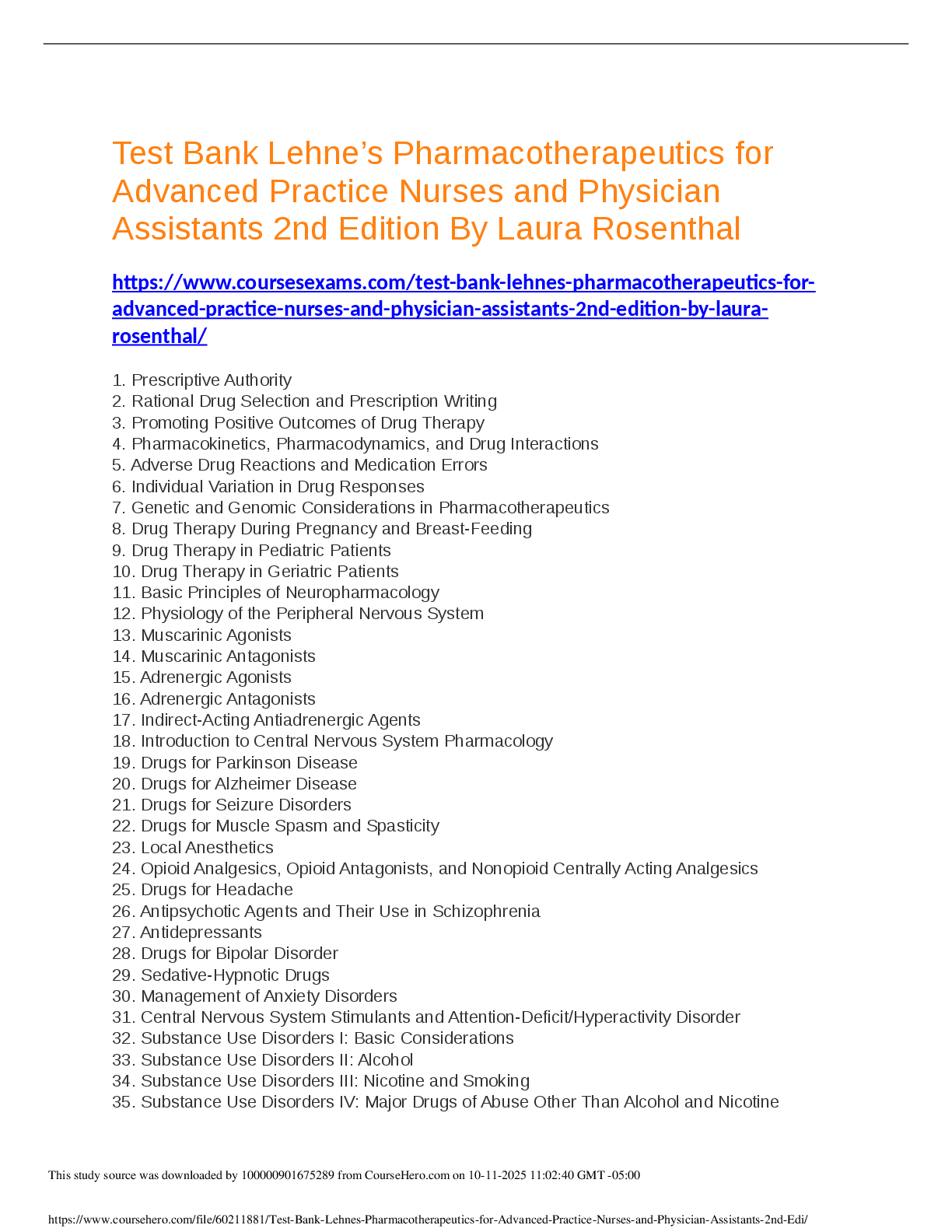 Preview image for Test Bank Lehne’s Pharmacotherapeutics for  Advanced Practice Nurses and Physician  Assistants 2nd Edition By Laura Rosenthal