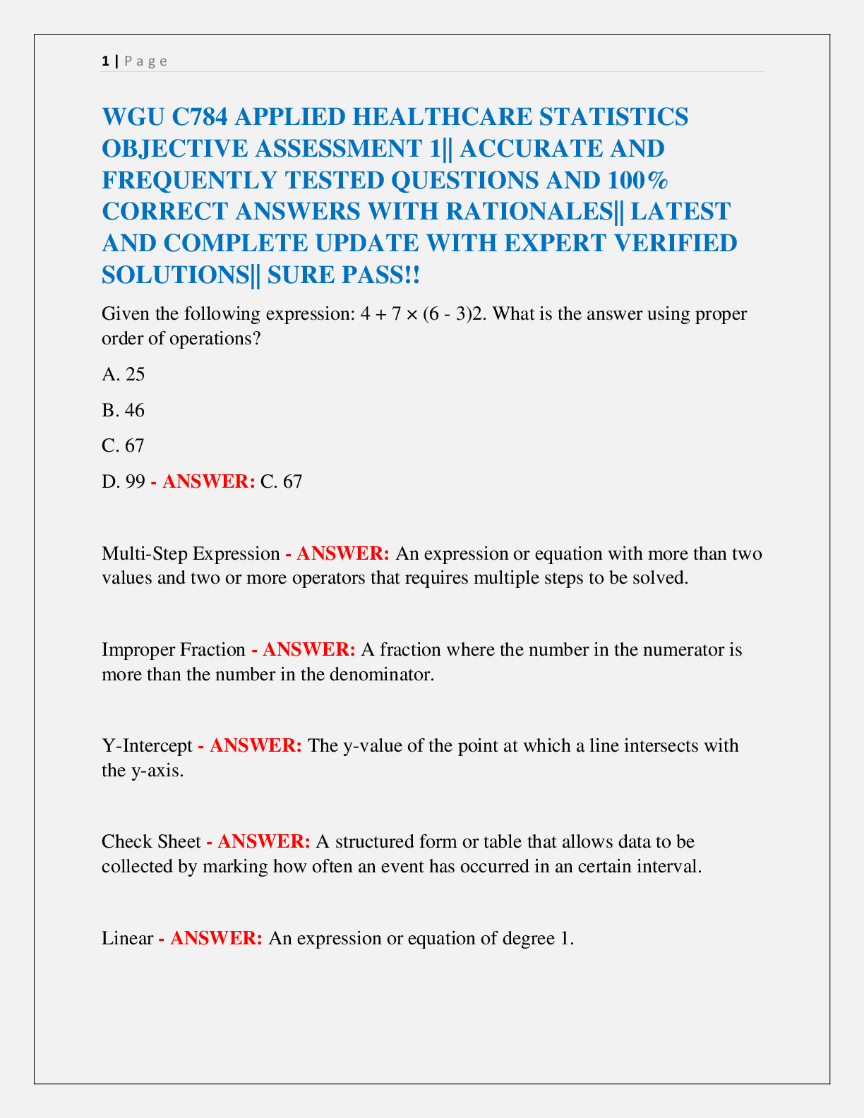 Preview image for WGU C784 APPLIED HEALTHCARE STATISTICS  OBJECTIVE ASSESSMENT 1|| ACCURATE AND  FREQUENTLY TESTED QUESTIONS AND 100%  CORRECT ANSWERS WITH RATIONALES|| LATEST  AND COMPLETE UPDATE WITH EXPERT VERIFIED  SOLUTIONS|| SURE PASS!!