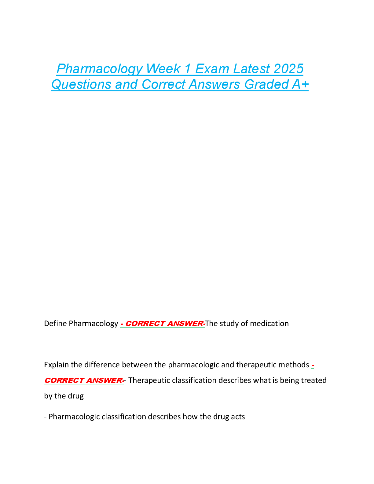 Preview image for Pharmacology Week 1 Exam Latest 2025  Questions and Correct Answers Graded A+