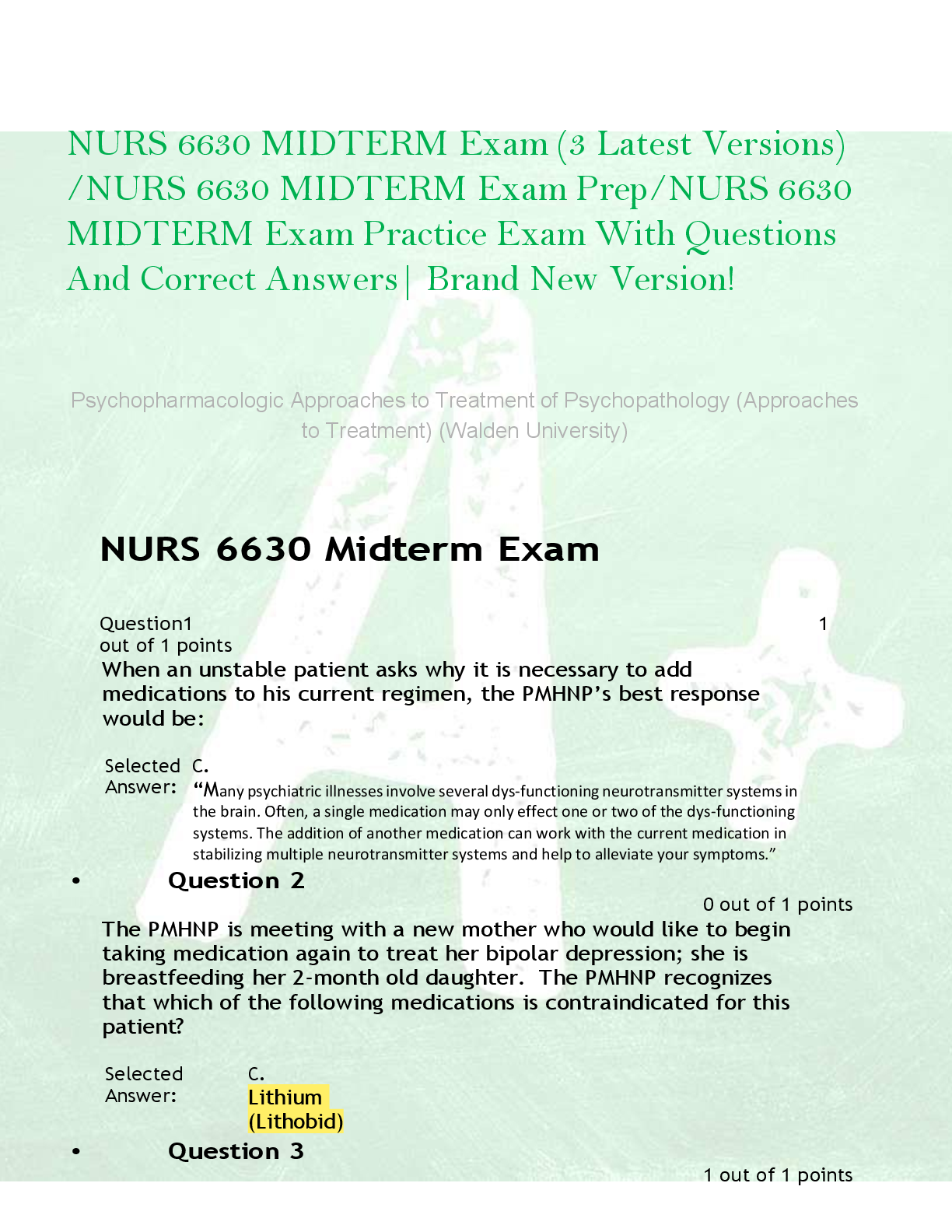 Preview of NURS 6630 MIDTERM Exam (3 Latest Versions)  /NURS 6630 MIDTERM Exam Prep/NURS 6630  MIDTERM Exam Practice Exam With Questions  And Correct Answers| Brand New Version!
