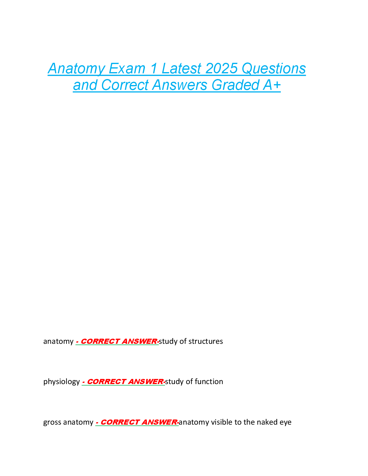 Anatomy Exam 1 Latest 2025 Questions  and Correct Answers Graded A+