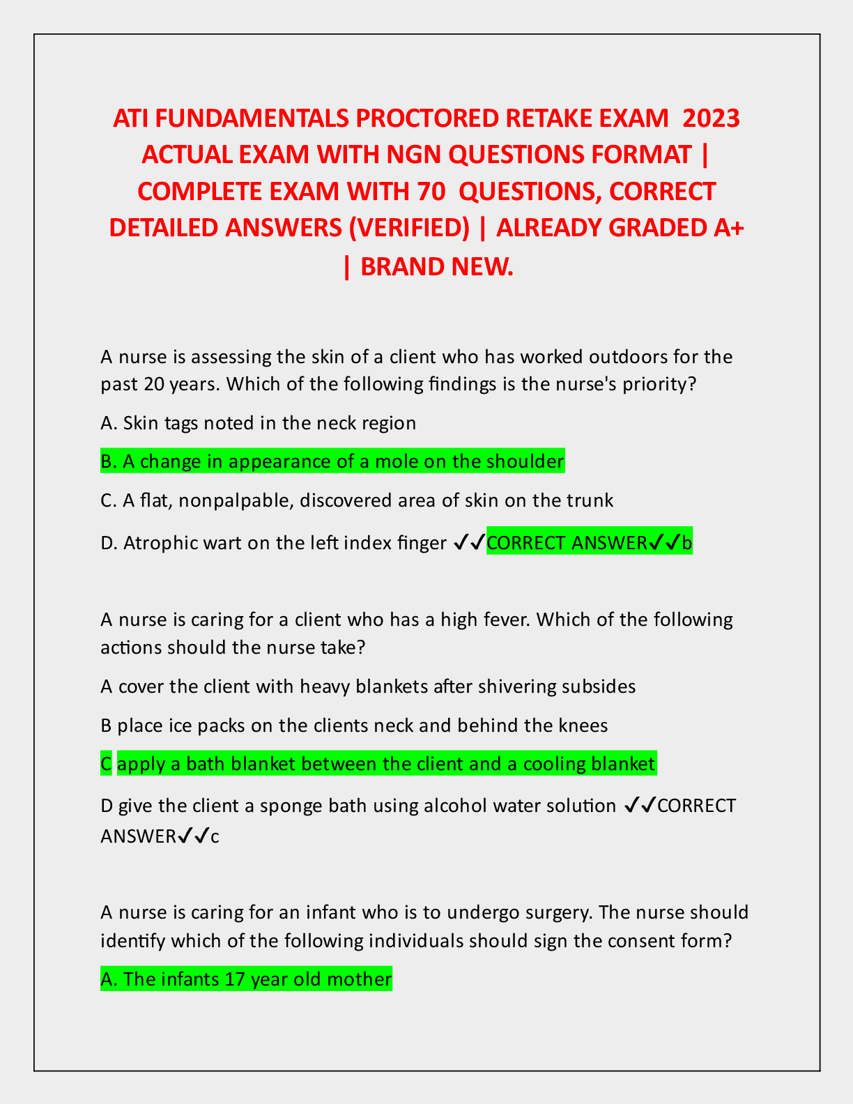 Preview image for ATI FUNDAMENTALS PROCTORED RETAKE EXAM  2023   ACTUAL EXAM WITH NGN QUESTIONS FORMAT |  COMPLETE EXAM WITH 70  QUESTIONS, CORRECT  DETAILED ANSWERS (VERIFIED) | ALREADY GRADED A+  | BRAND NEW.