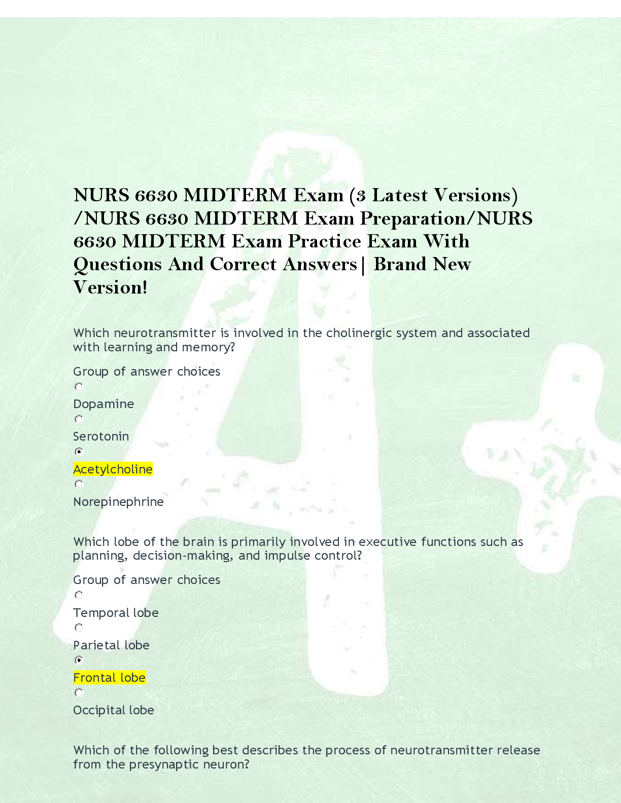 Preview of NURS 6630 MIDTERM Exam (3 Latest Versions)  /NURS 6630 MIDTERM Exam Preparation/NURS  6630 MIDTERM Exam Practice Exam With  Questions And Correct Answers| Brand New  Version!