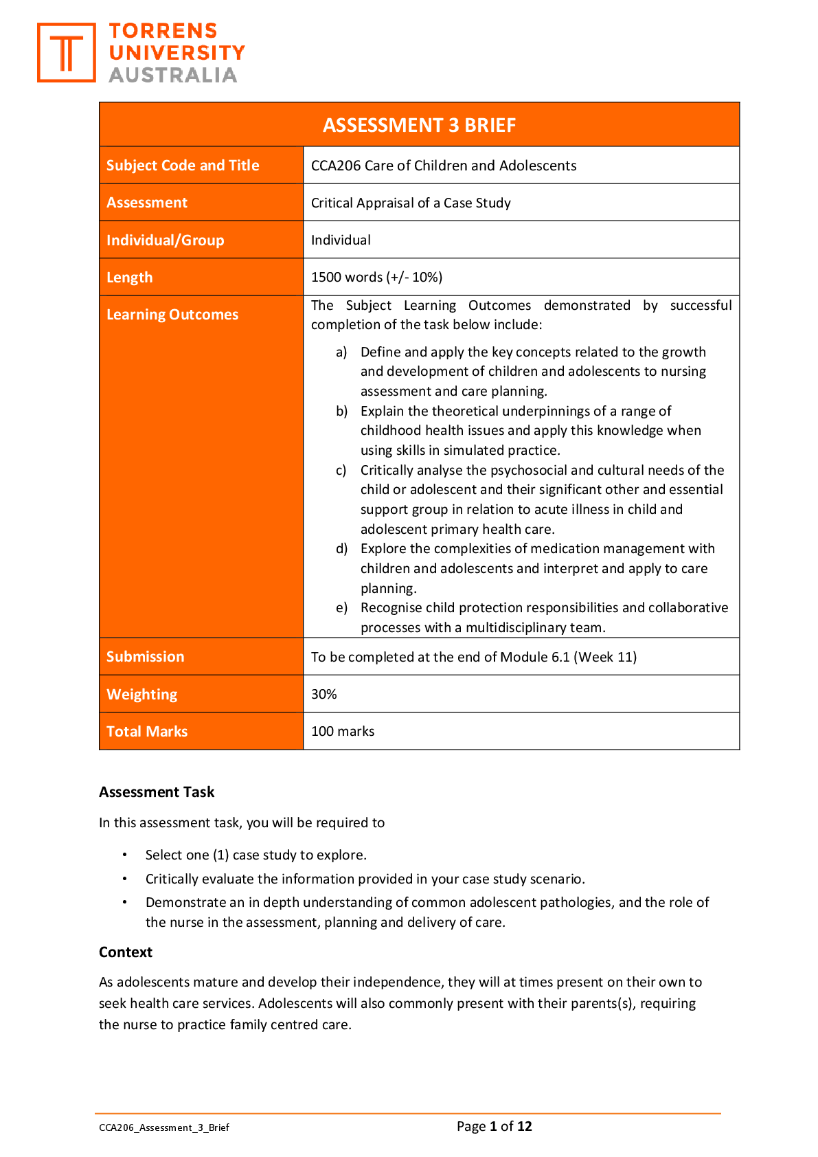 Preview image for CCA206 Care of Children and Adolescents