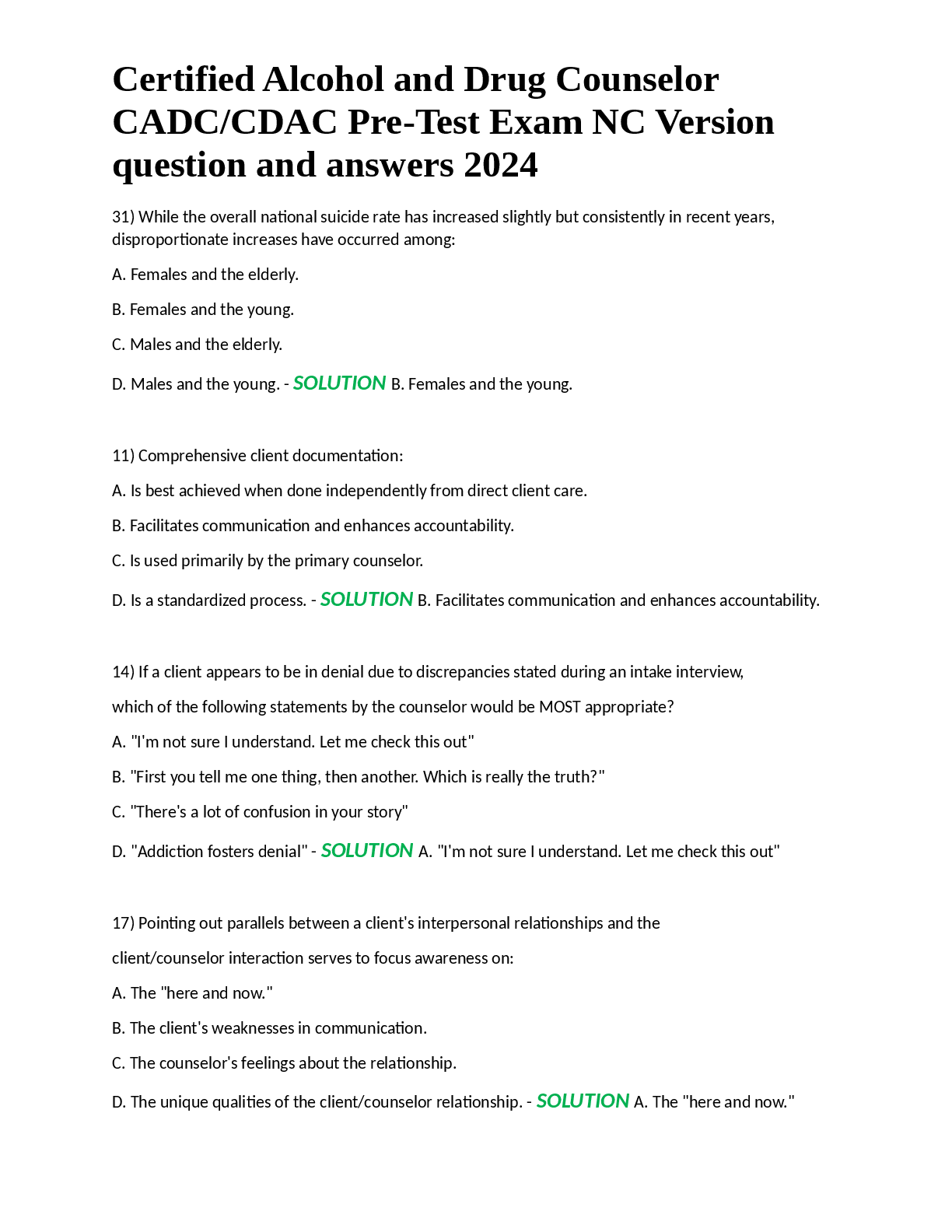 Preview image for Certified Alcohol and Drug Counselor  CADC/CDAC Pre-Test Exam NC Version  question and answers 2024