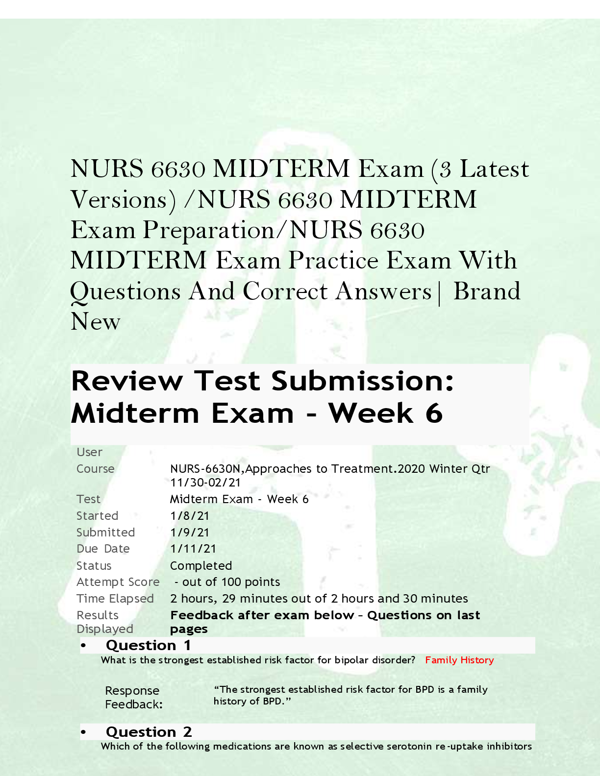 Preview of NURS 6630 MIDTERM Exam (3 Latest  Versions) /NURS 6630 MIDTERM  Exam Preparation/NURS 6630  MIDTERM Exam Practice Exam With  Questions And Correct Answers| Brand  New