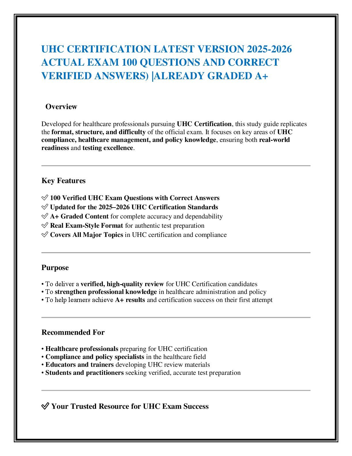 UHC CERTIFICATION LATEST VERSION 2025-2026  ACTUAL EXAM 100 QUESTIONS AND CORRECT  VERIFIED ANSWERS) |ALREADY GRADED A+