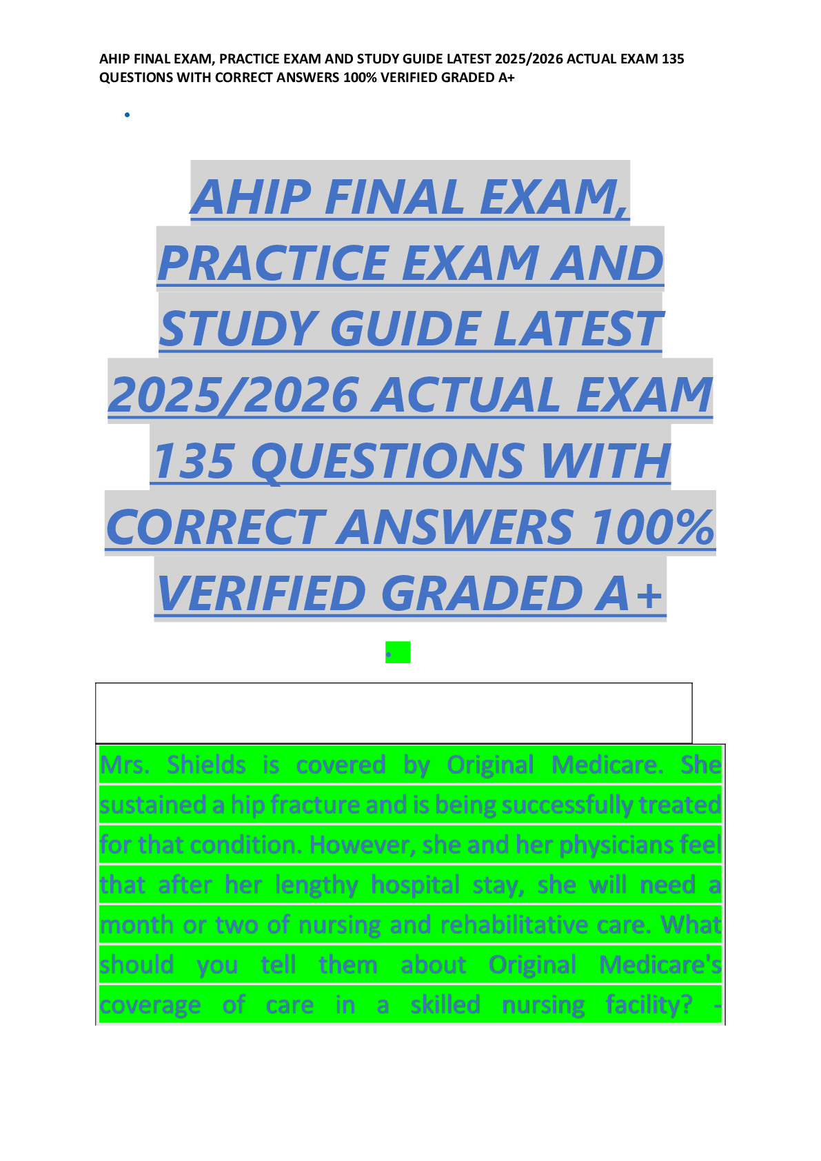 Preview image for AHIP FINAL EXAM,  PRACTICE EXAM AND  STUDY GUIDE LATEST  2025/2026 ACTUAL EXAM  135 QUESTIONS WITH  CORRECT ANSWERS 100%  VERIFIED GRADED A+