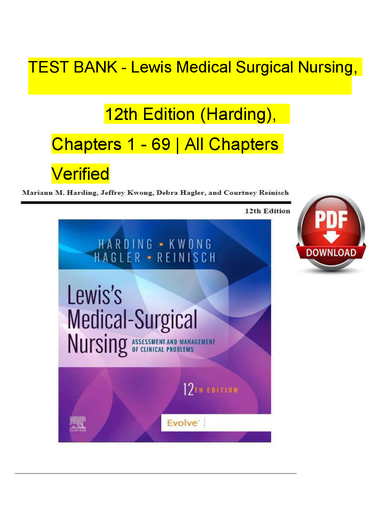 Preview image for TEST BANK - Lewis Medical Surgical Nursing,  12th Edition (Harding),    Chapters 1 - 69 | All Chapters  Verified